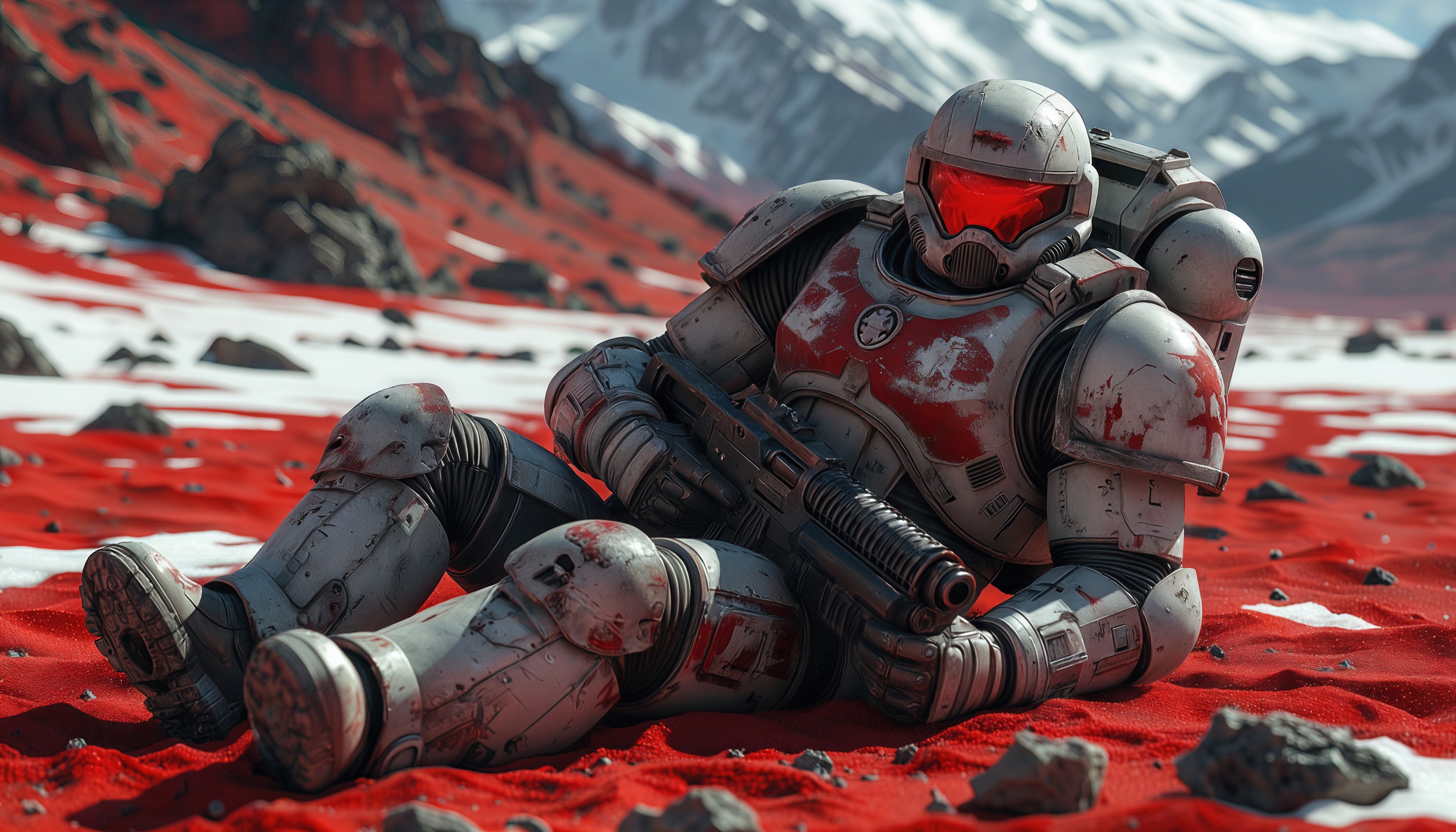 Космический морпех в броне с красным визором сидит на красной планете, держа оружие, на фоне заснеженных гор.