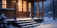 Кот задумчиво наблюдает за падающим снегом, сидя на ступеньках лесного домика.
