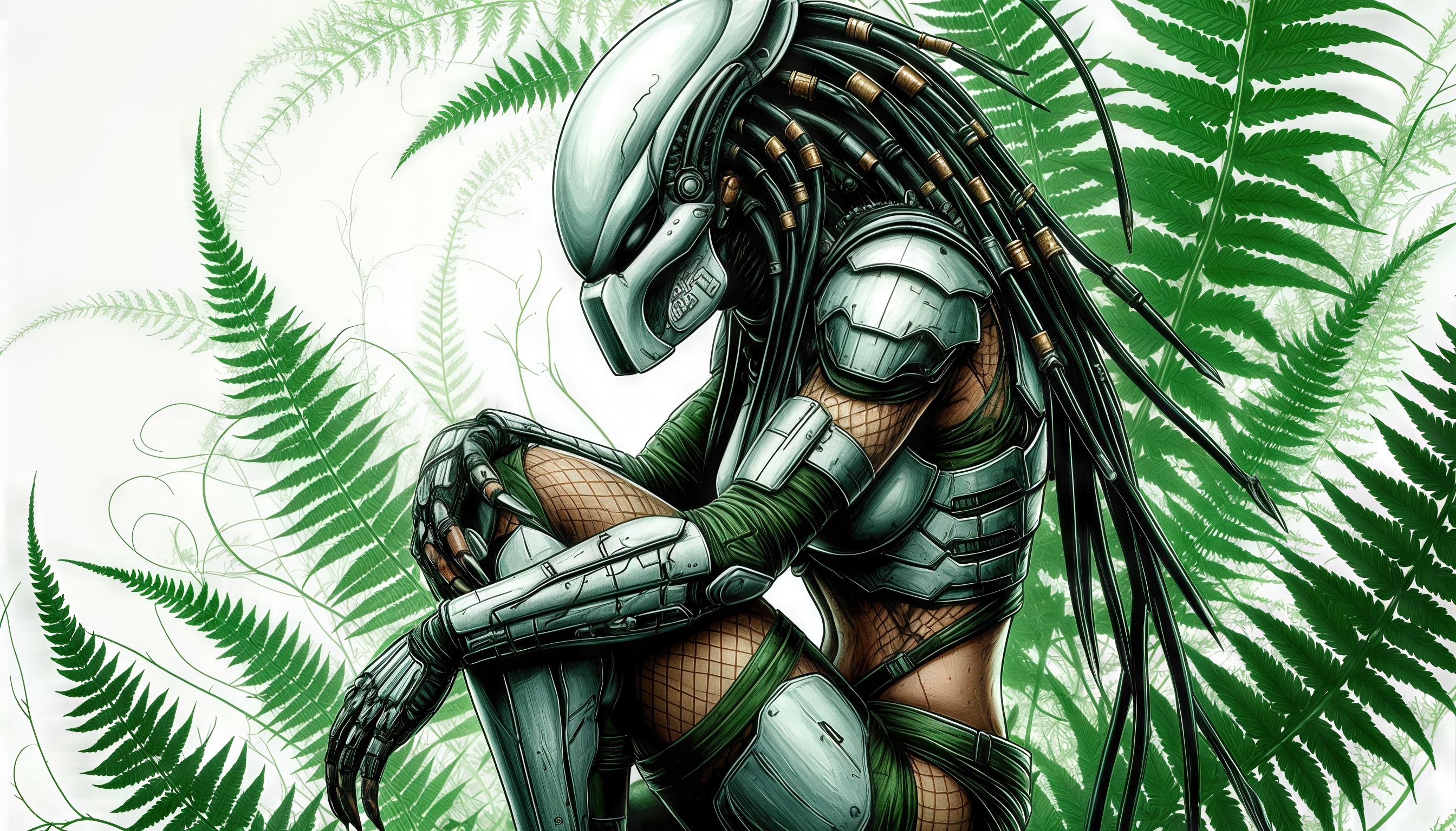 Бесплатное фото Инопланетный охотник из серии фильмов Хищник на фоне джунглей.