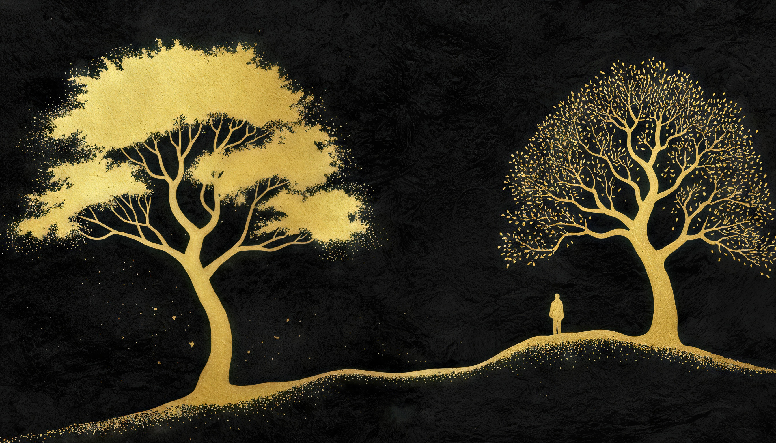 Бесплатное фото Силуэт человека между двух золотых деревьев на тёмном фоне.