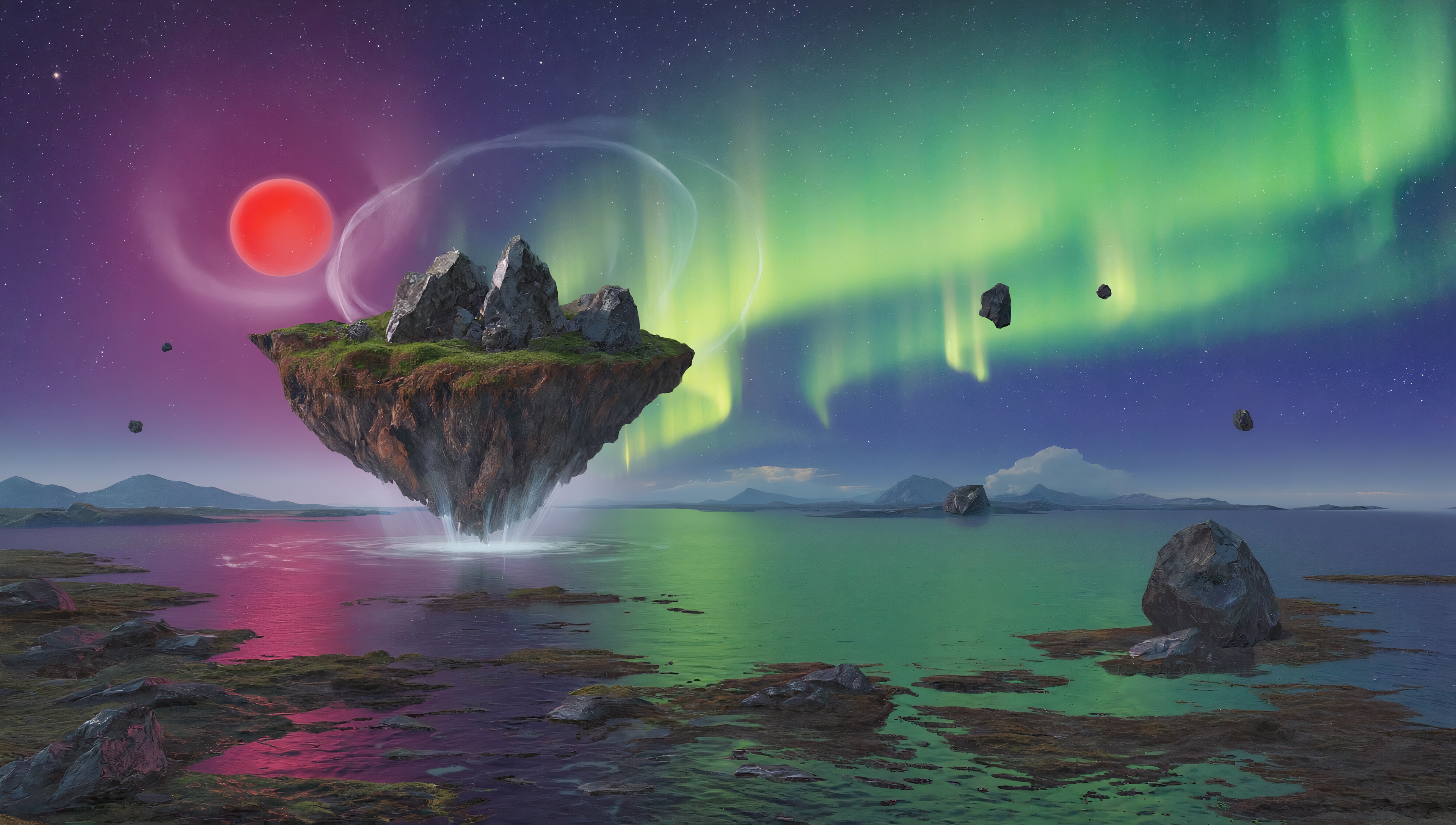 Бесплатное фото Обои на рабочий стол, абстрактная картина иного мира, планеты, где в невесомости парит кусок земли с растениями