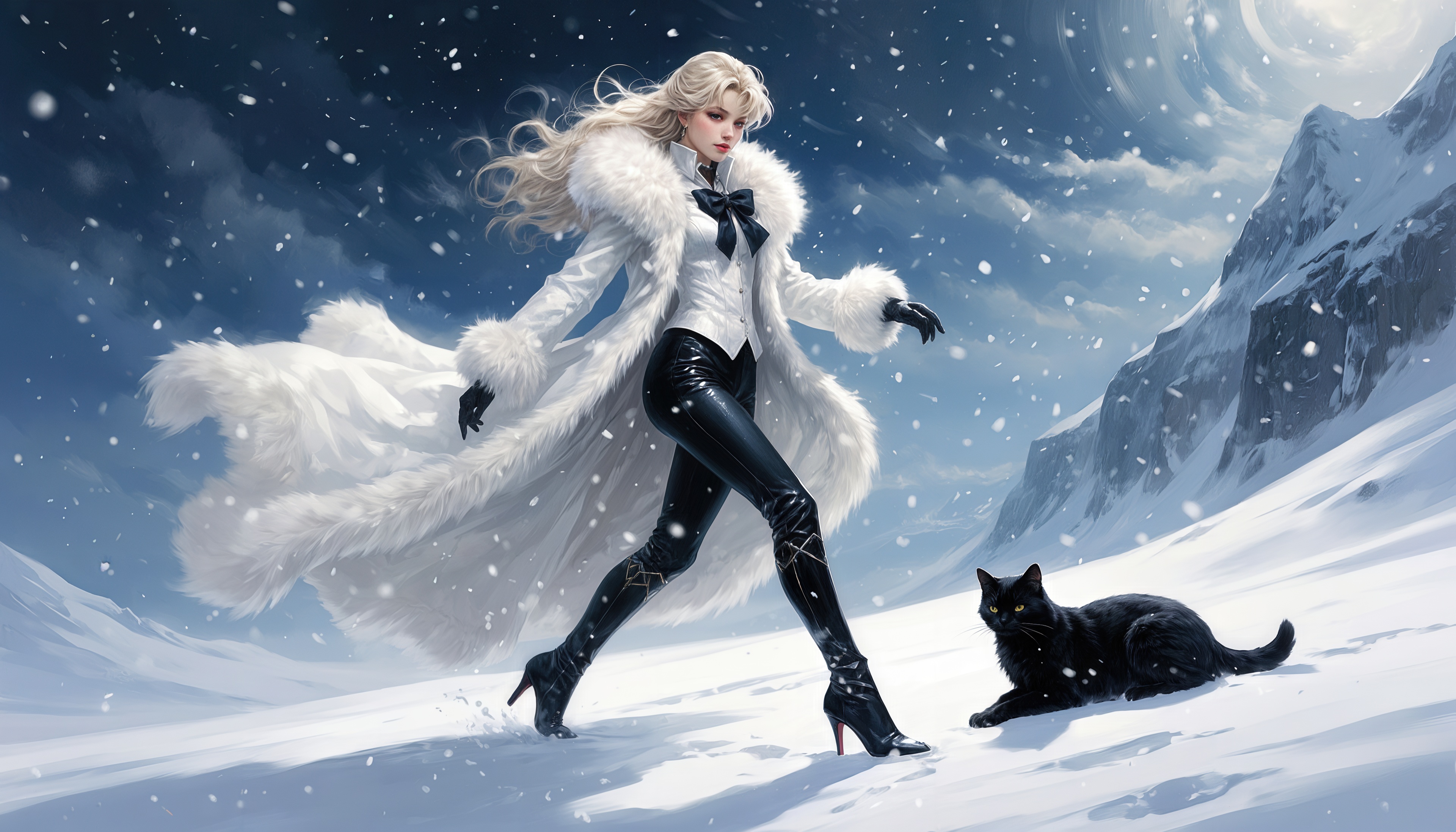 免费照片一个穿着豪华白色皮草大衣的金发女人走过白雪皑皑的风景，旁边是一只黑猫。