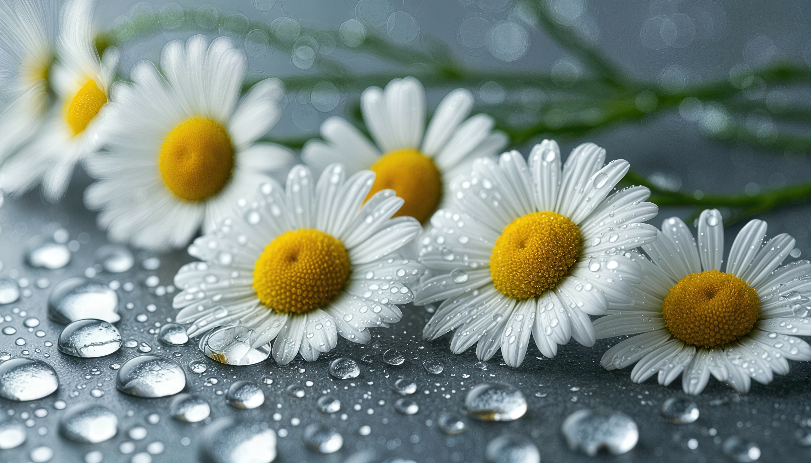 Бесплатное фото Ромашки с каплями воды на лепестках, расположенные на фоне стола с каплями.
