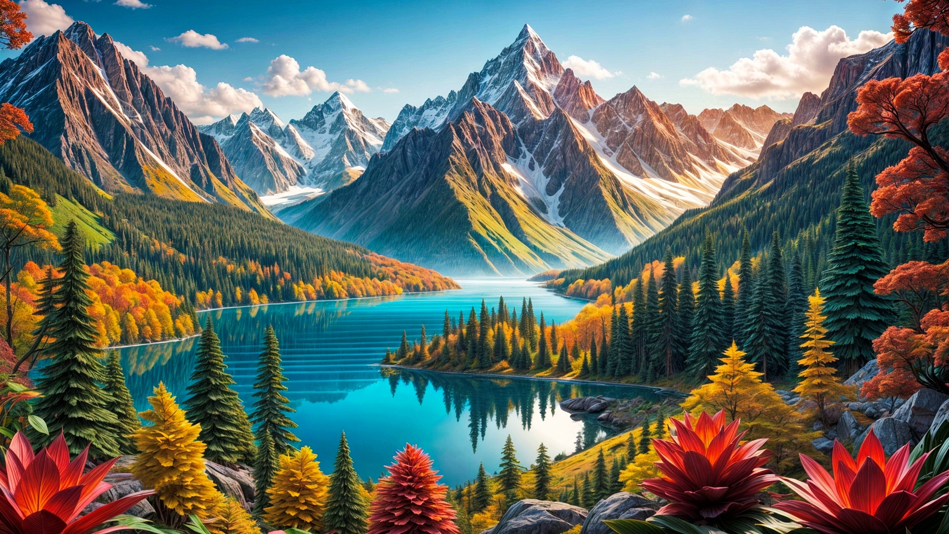 Бесплатное фото Озеро окруженное лесом и горы