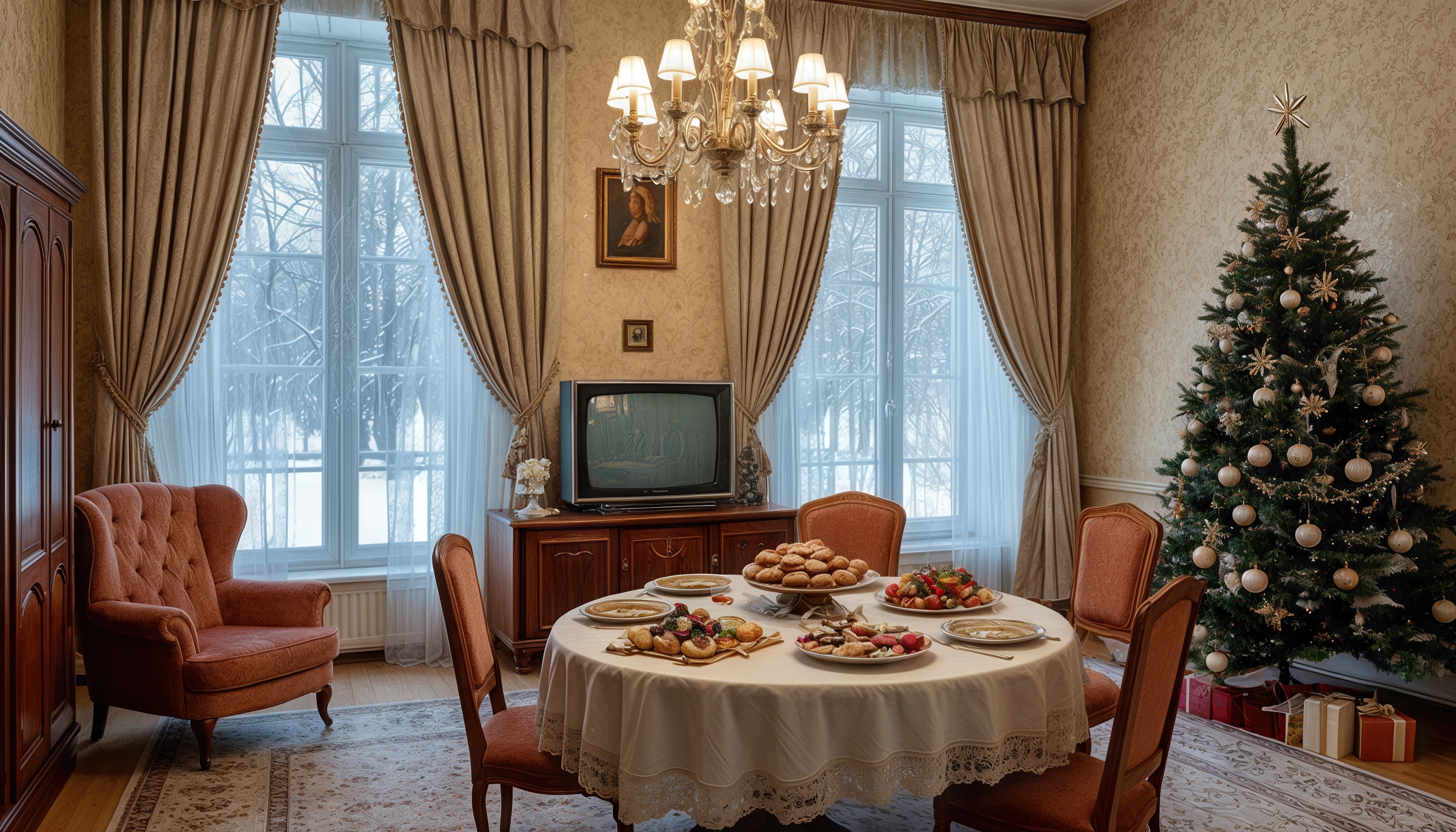 Бесплатное фото Гостиная советской семьи с нарядной ёлкой, праздничным столом в преддверии Нового года.