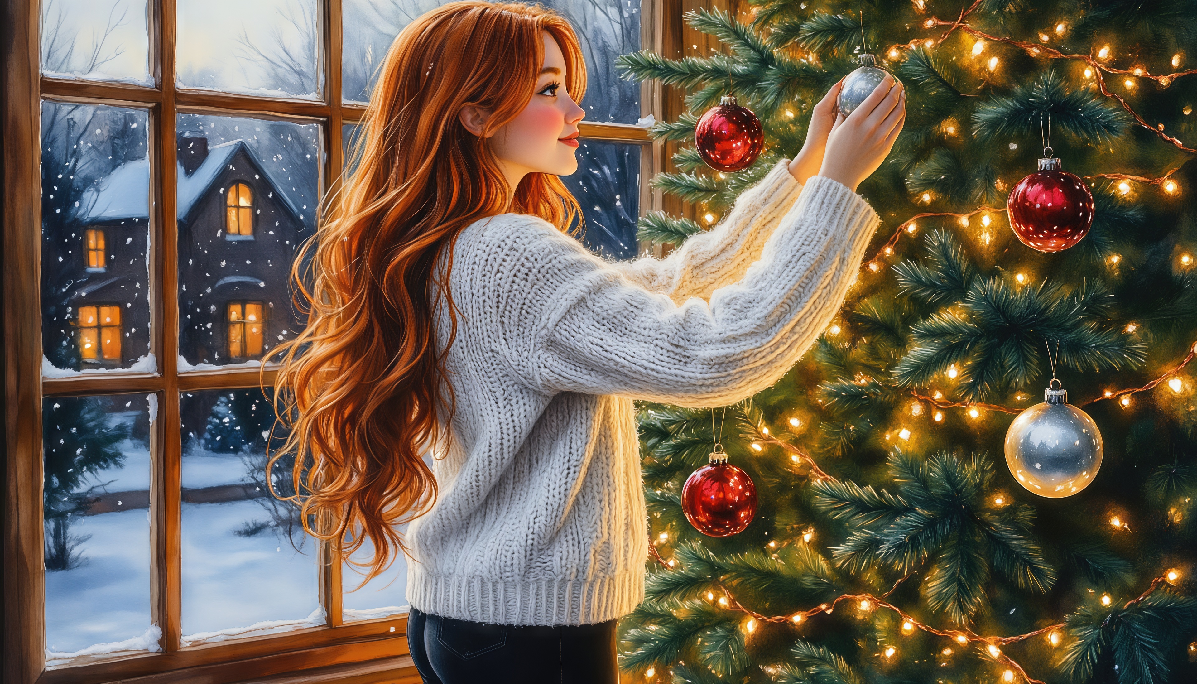 Бесплатное фото Рыжеволосая девушка украшает ёлку в уютном зимнем доме.