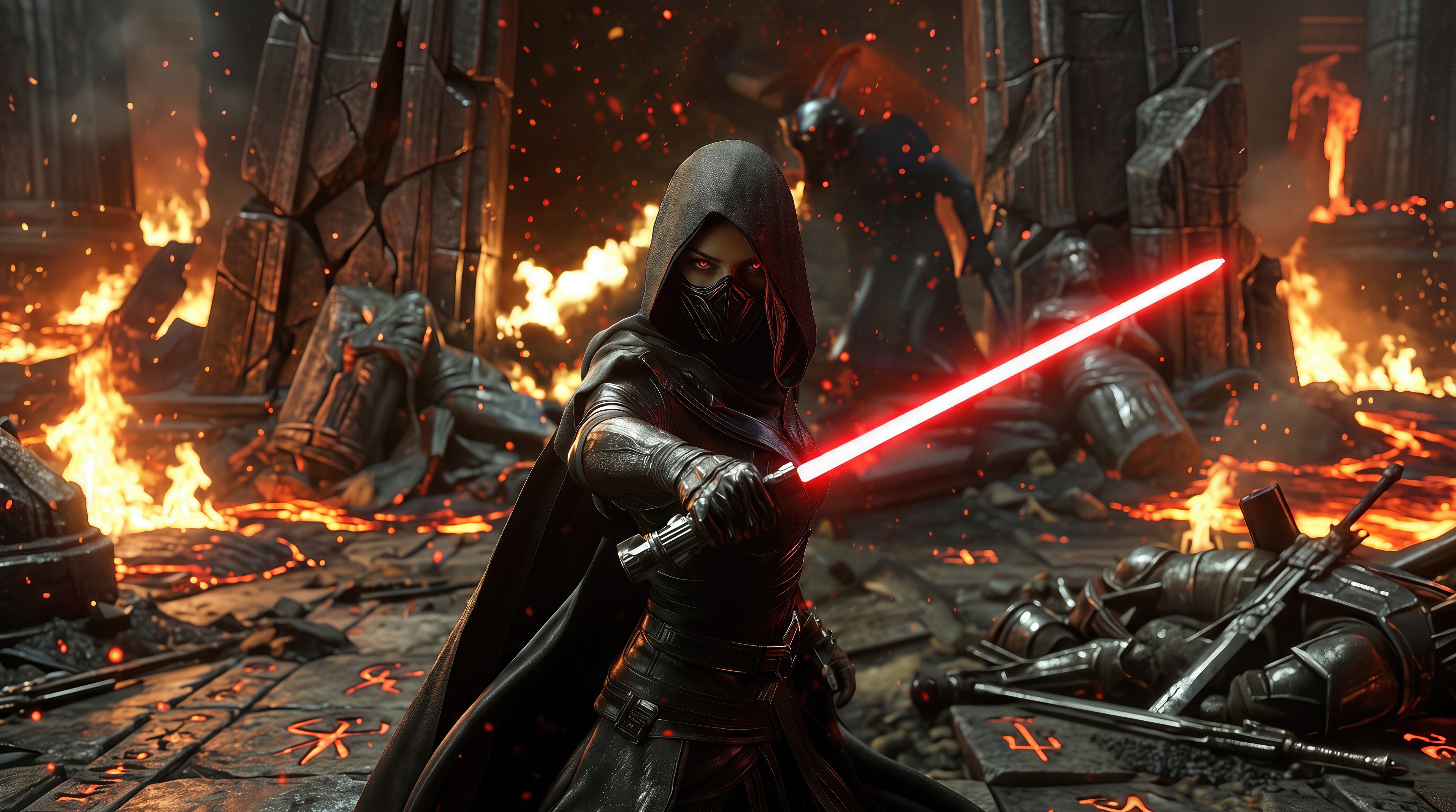 Free photo Epic cinematic art from the Star Wars universe, showcasing the fury of the Sith against the backdrop of a destroyed altar.