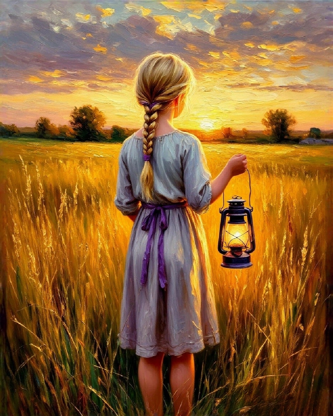 Бесплатное фото Девушка с фонарем в пшеничном поле на закате