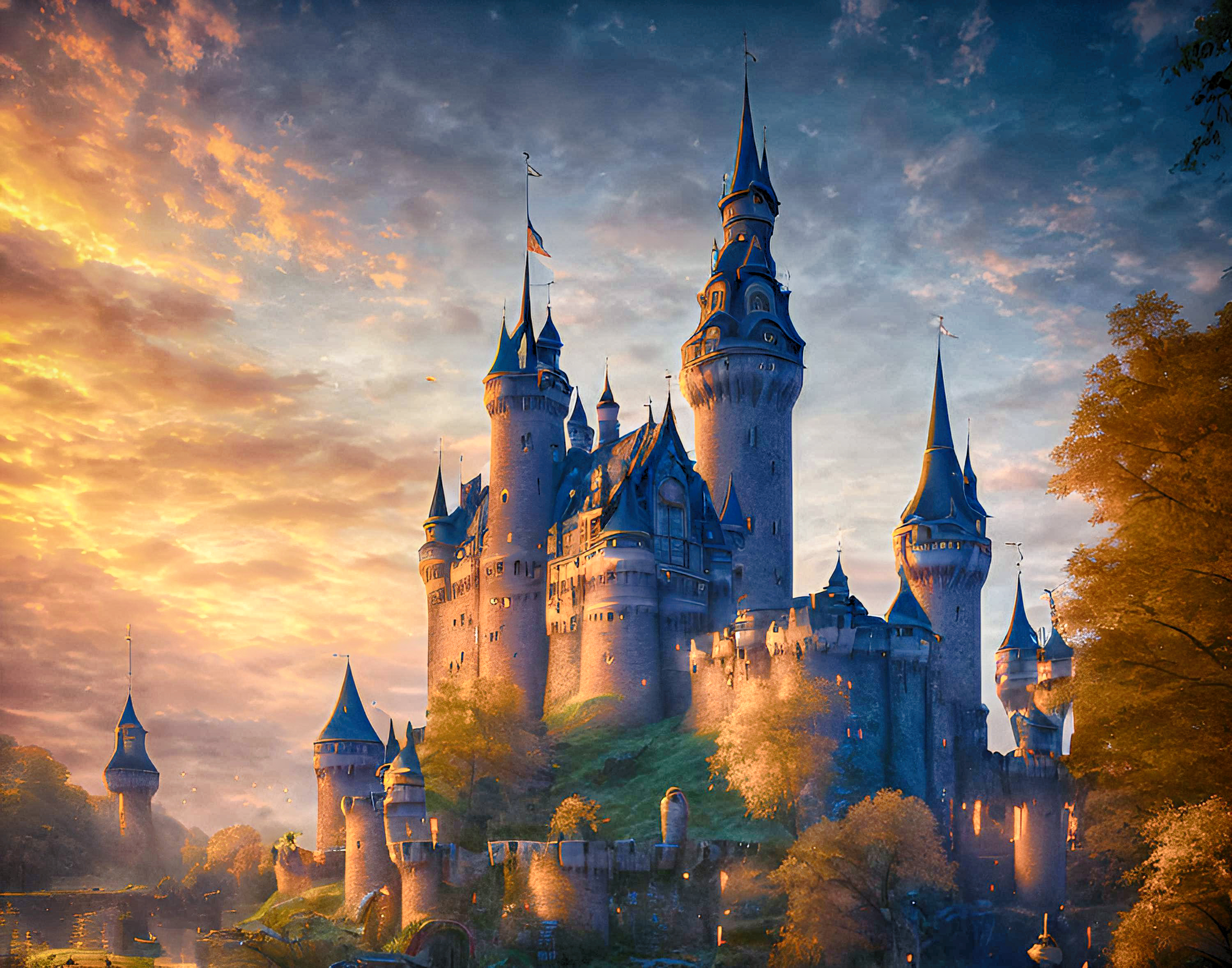 Free photo Painted castle at sunset