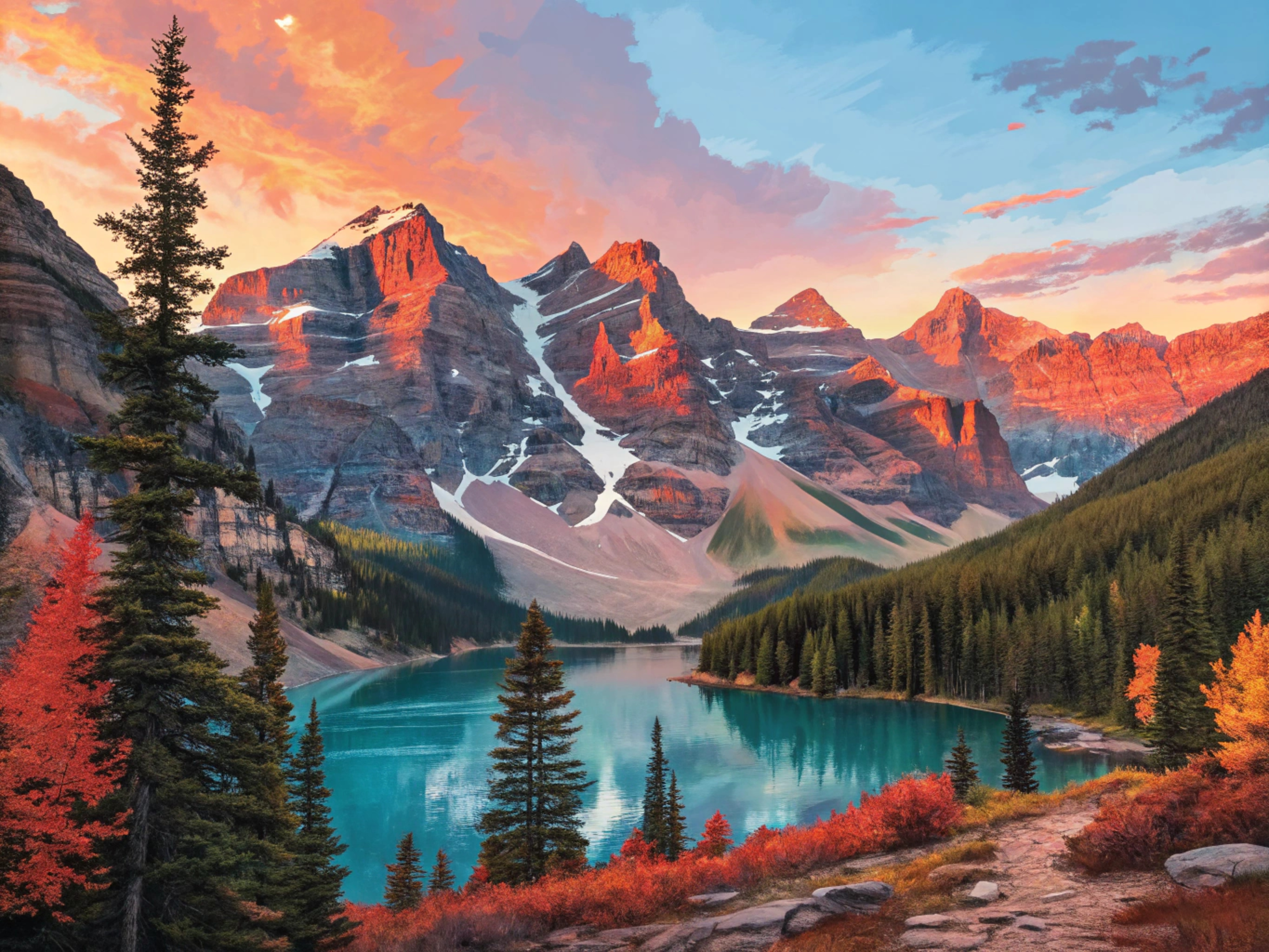 Бесплатное фото Яркий рассвет над озером в горах осенью