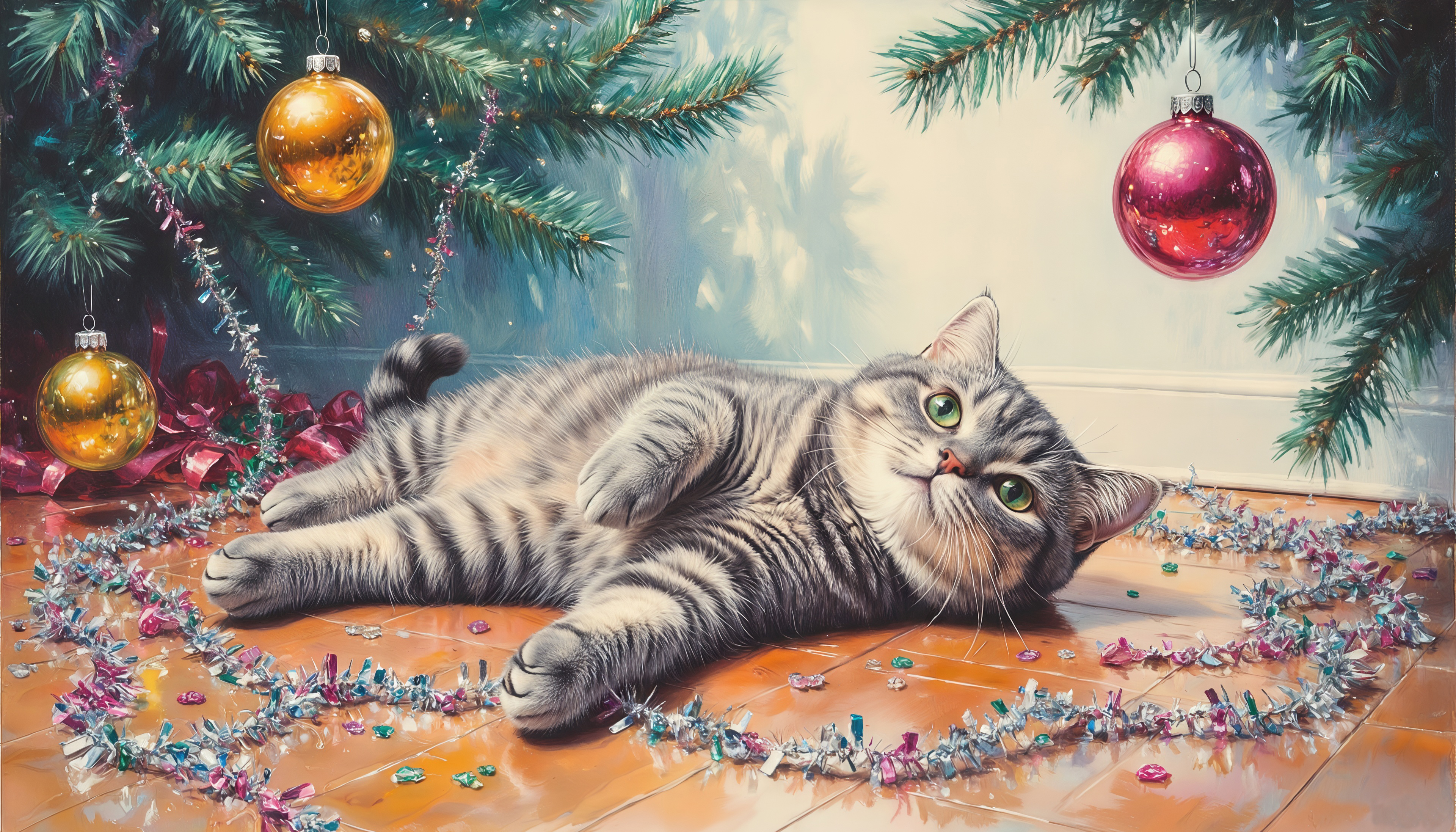 Бесплатное фото Кот в центре праздничного хаоса - окружён мишурой и шарами.