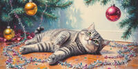 Кот в центре праздничного хаоса - окружён мишурой и шарами.