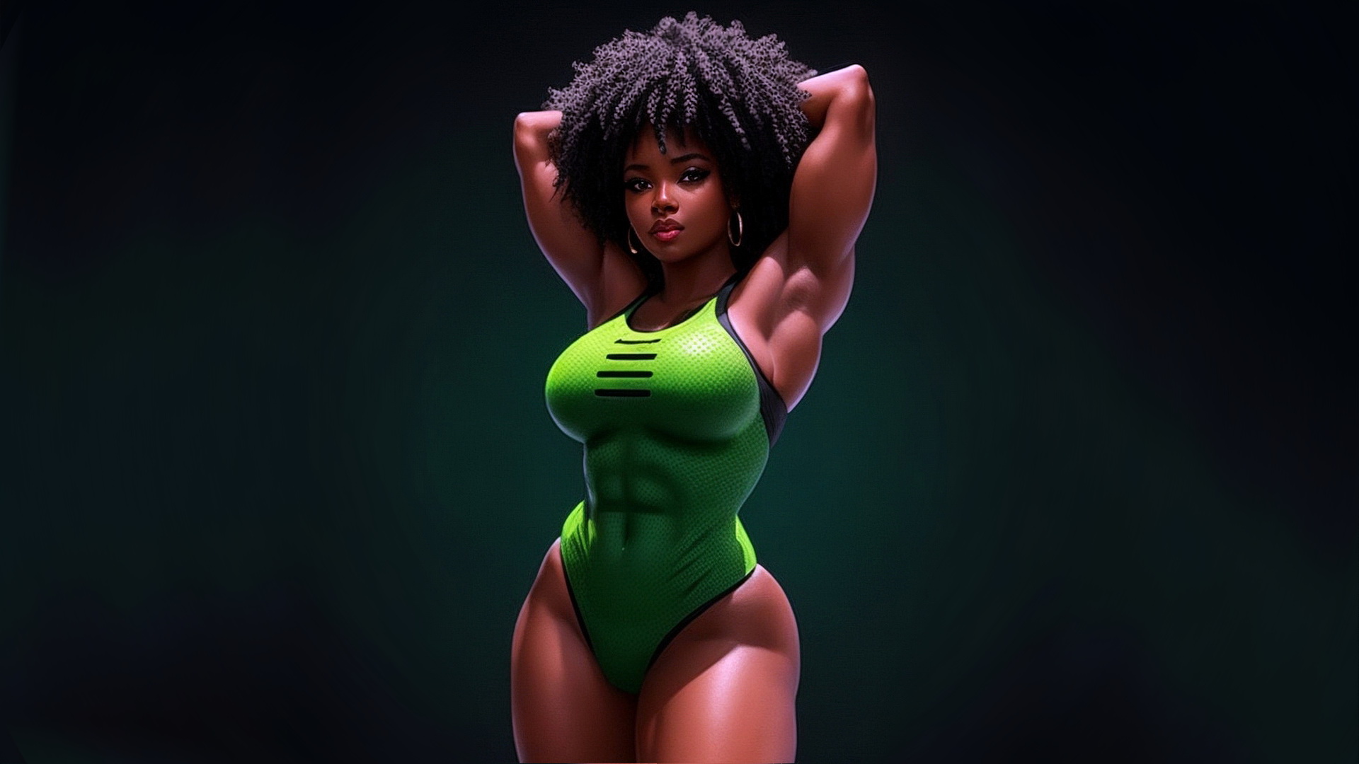深色背景下身着绿色游泳衣的黑人健美女孩