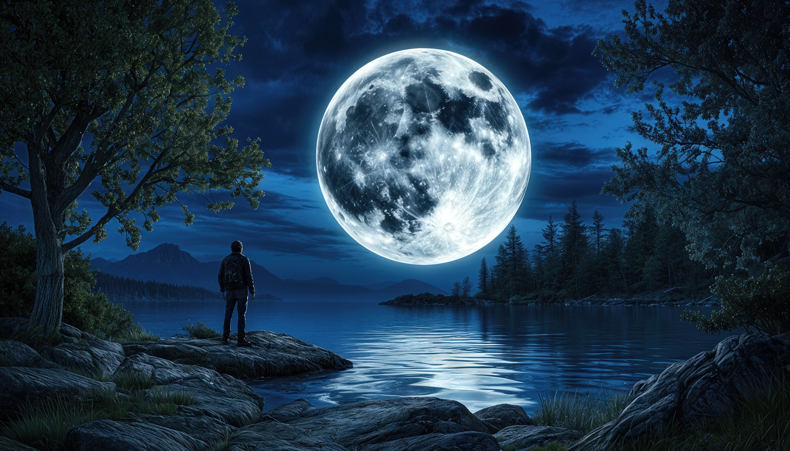 Бесплатное фото Ночной пейзаж с человеком, стоящим на берегу озера и смотрящим на огромную луну.