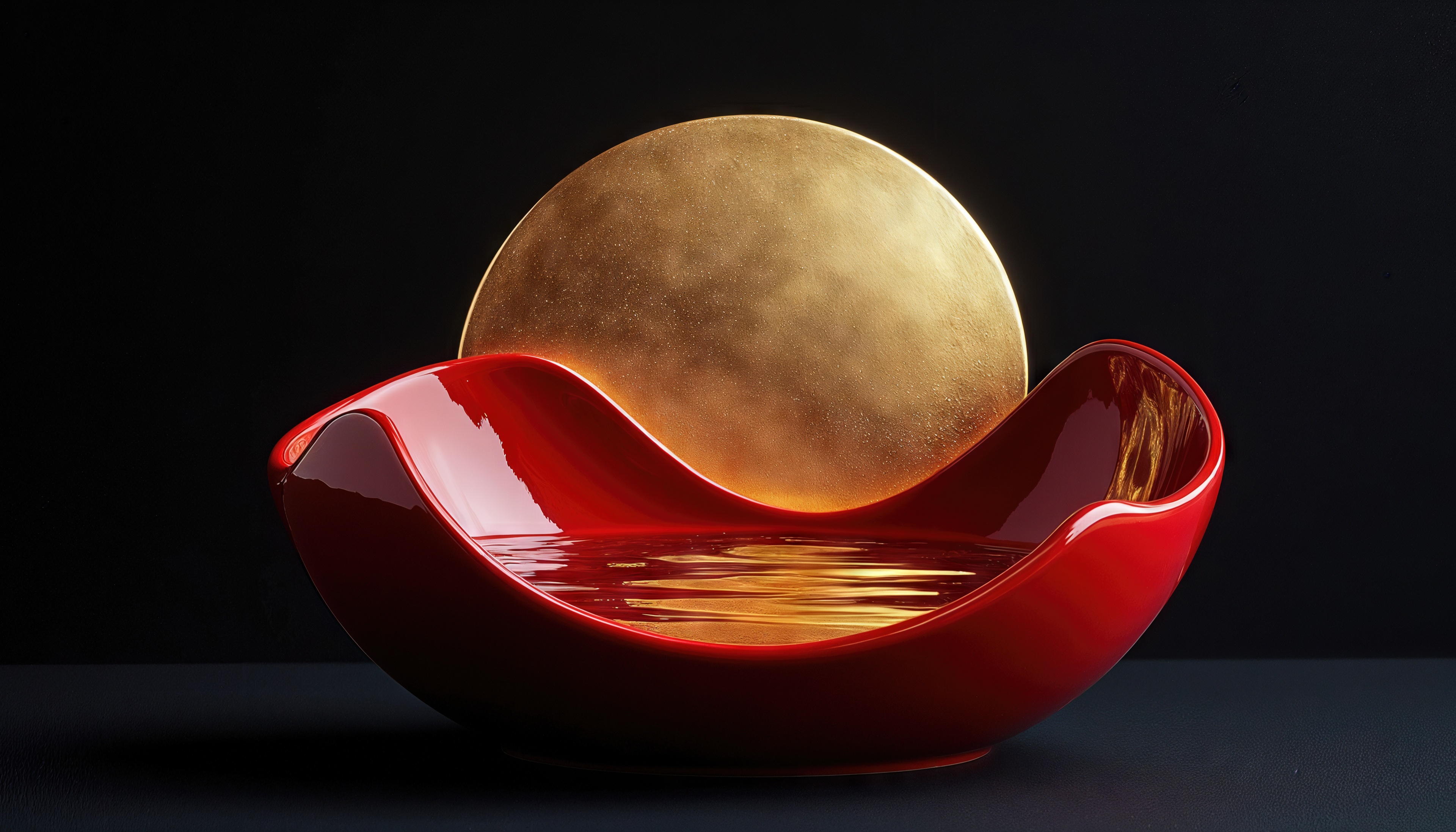 Бесплатное фото Алая чаша хранит золотой диск, его отблески танцуют на глянцевой поверхности, как лучи заката в воде.