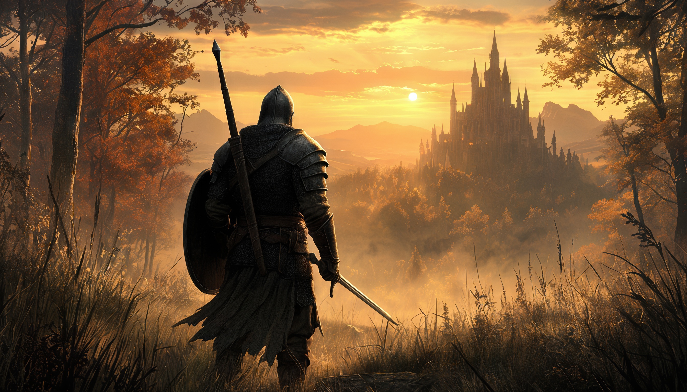 Бесплатное фото Воин в доспехах на фоне замка и заката.