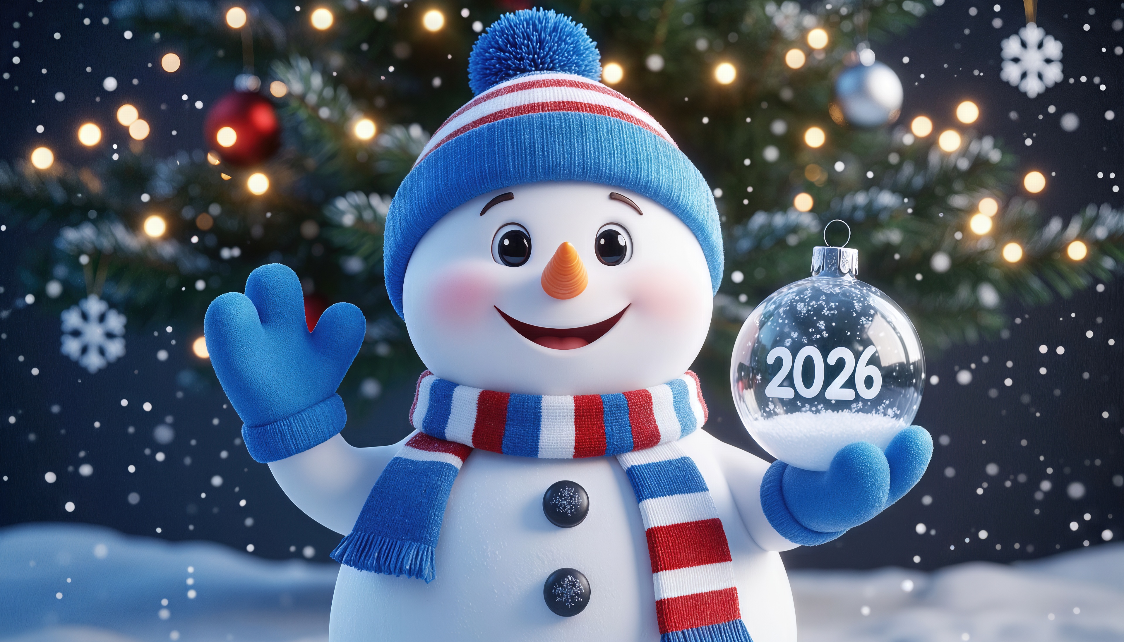 Бесплатное фото Снеговик в шарфе машет рукой, держа снежный шар с надписью 2026 у ёлки.
