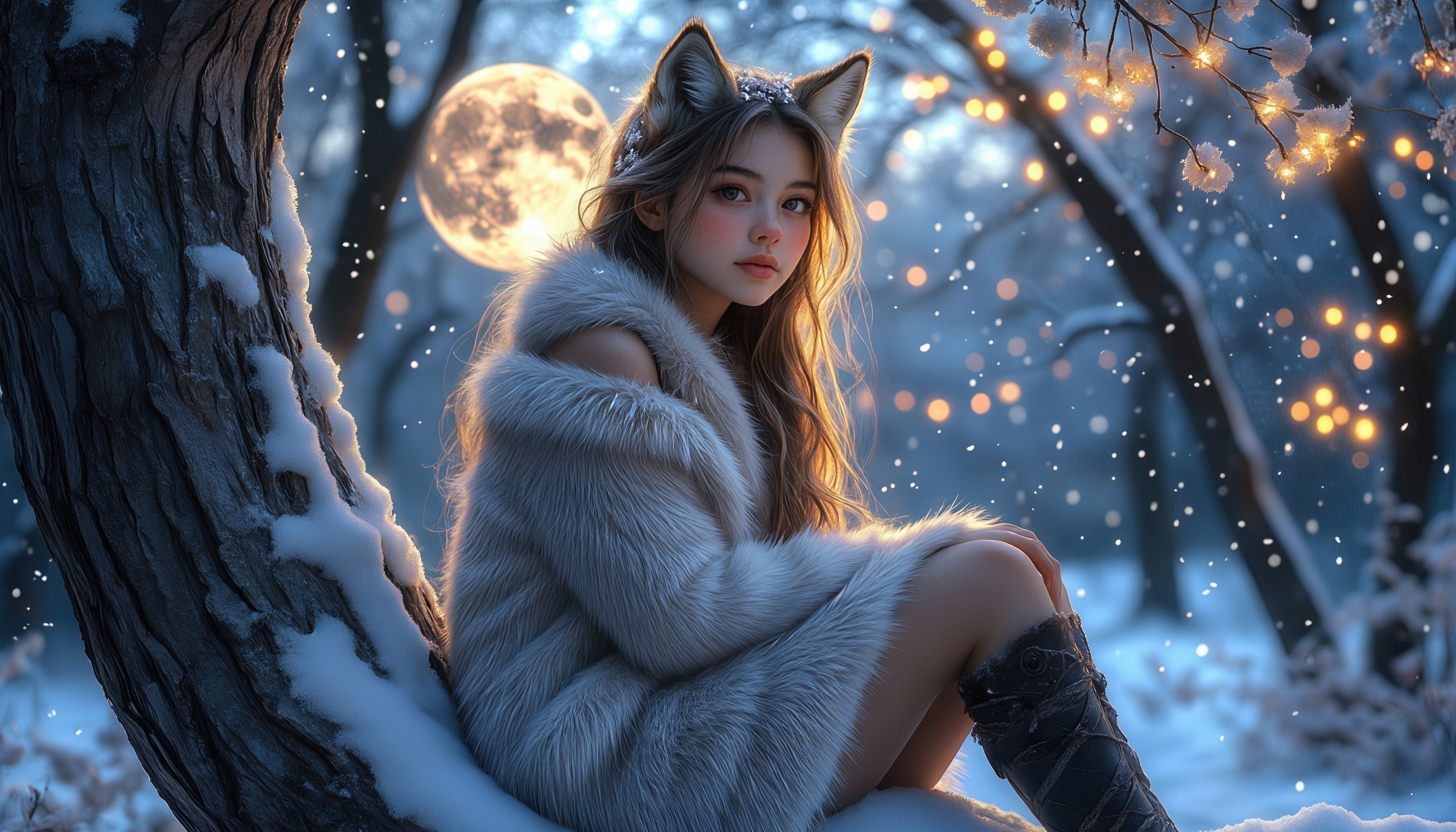 Бесплатное фото Девушка-лиса отдыхает у дерева под полной луной.