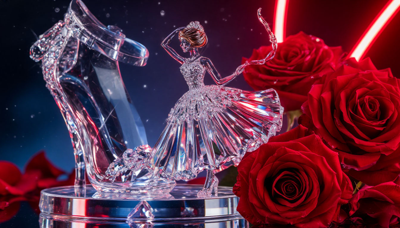 Бесплатная открытка Хрустальная девушка и туфелька из хрусталя.