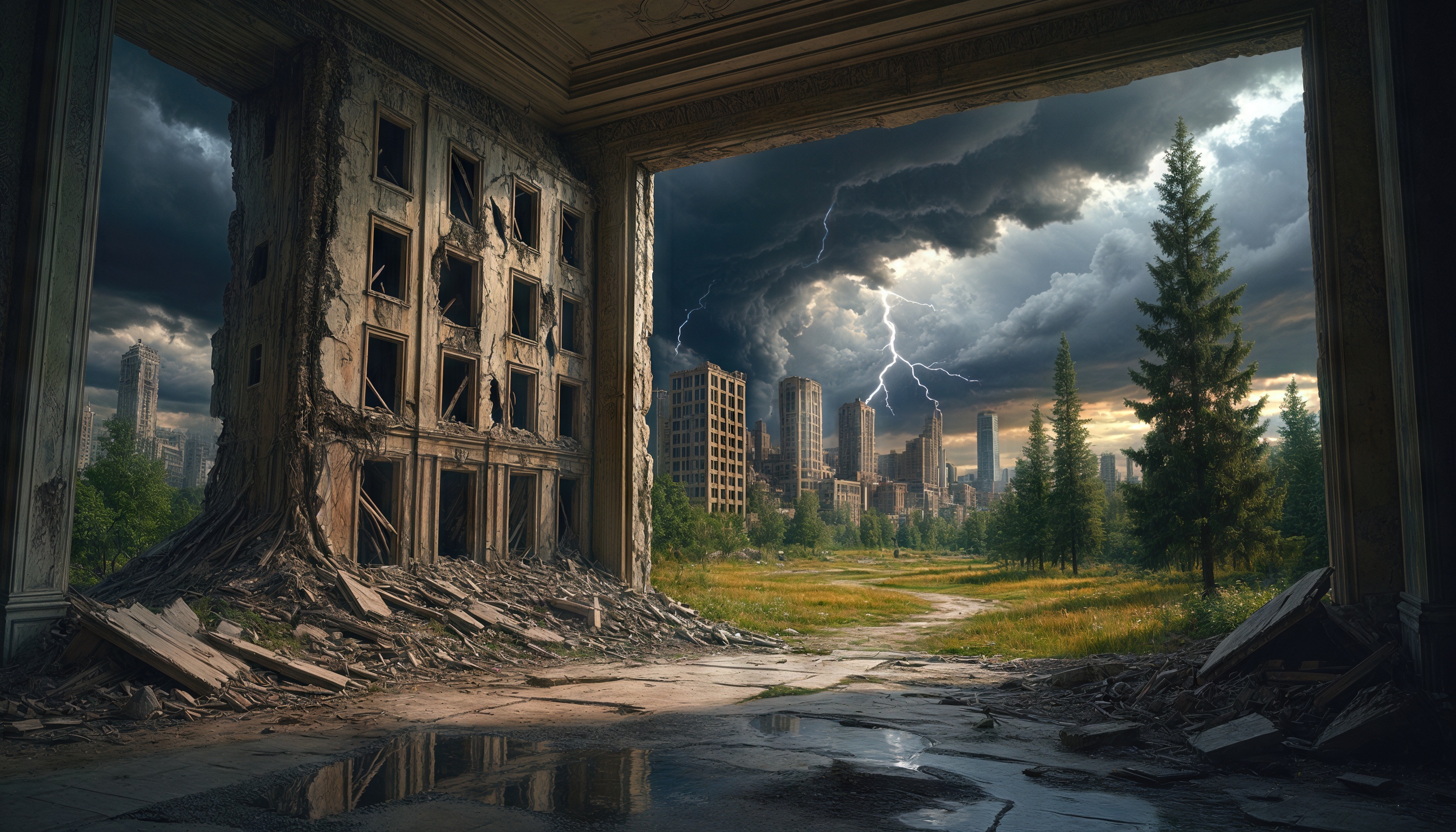 Free photo A post-apocalyptic landscape with a ruined building, an abandoned city, lightning, and nature reclaiming its rights.