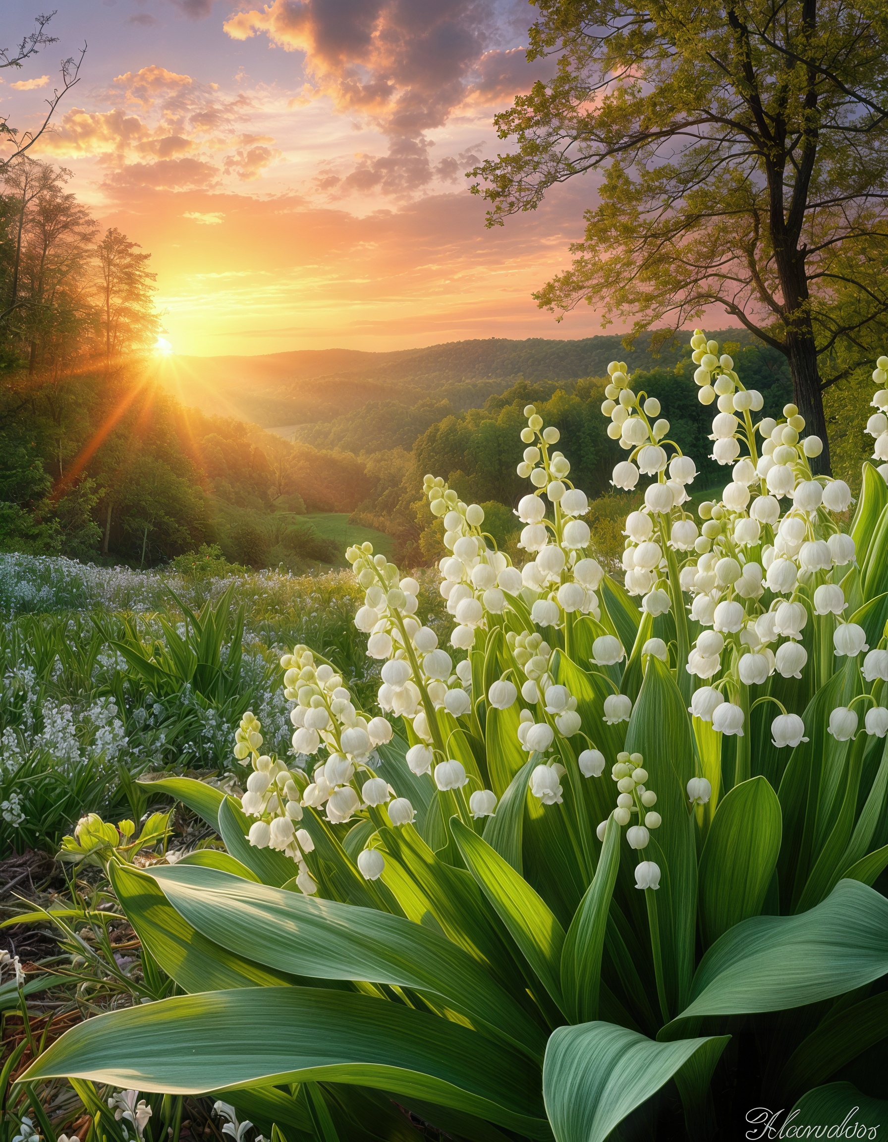 Бесплатное фото Подснежники в весеннем лесу на фоне заката или рассвета, создающие атмосферу гармонии и спокойствия.