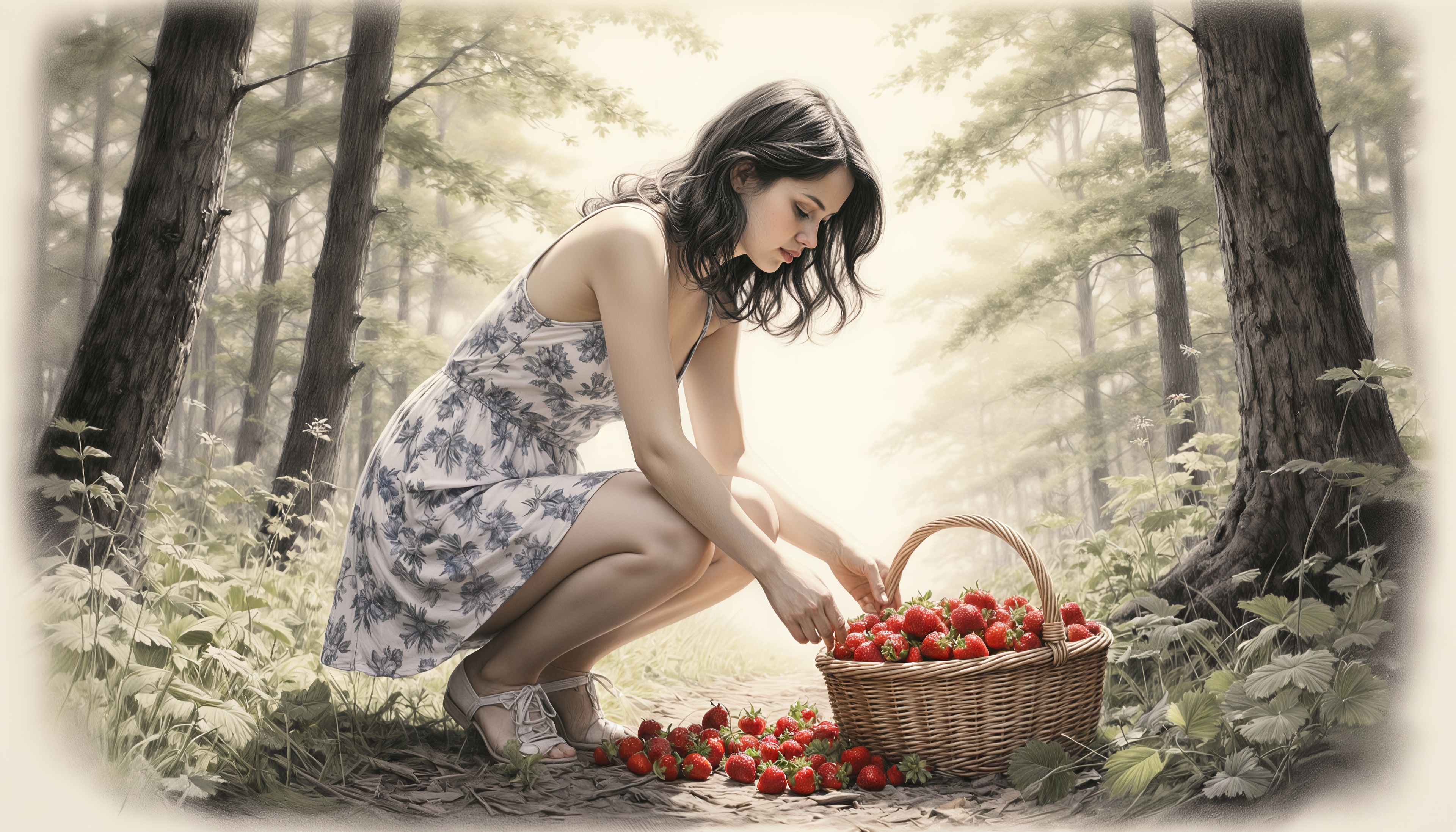 Бесплатное фото Девушка в лёгком платье собирает спелую клубнику в лесной чаще.