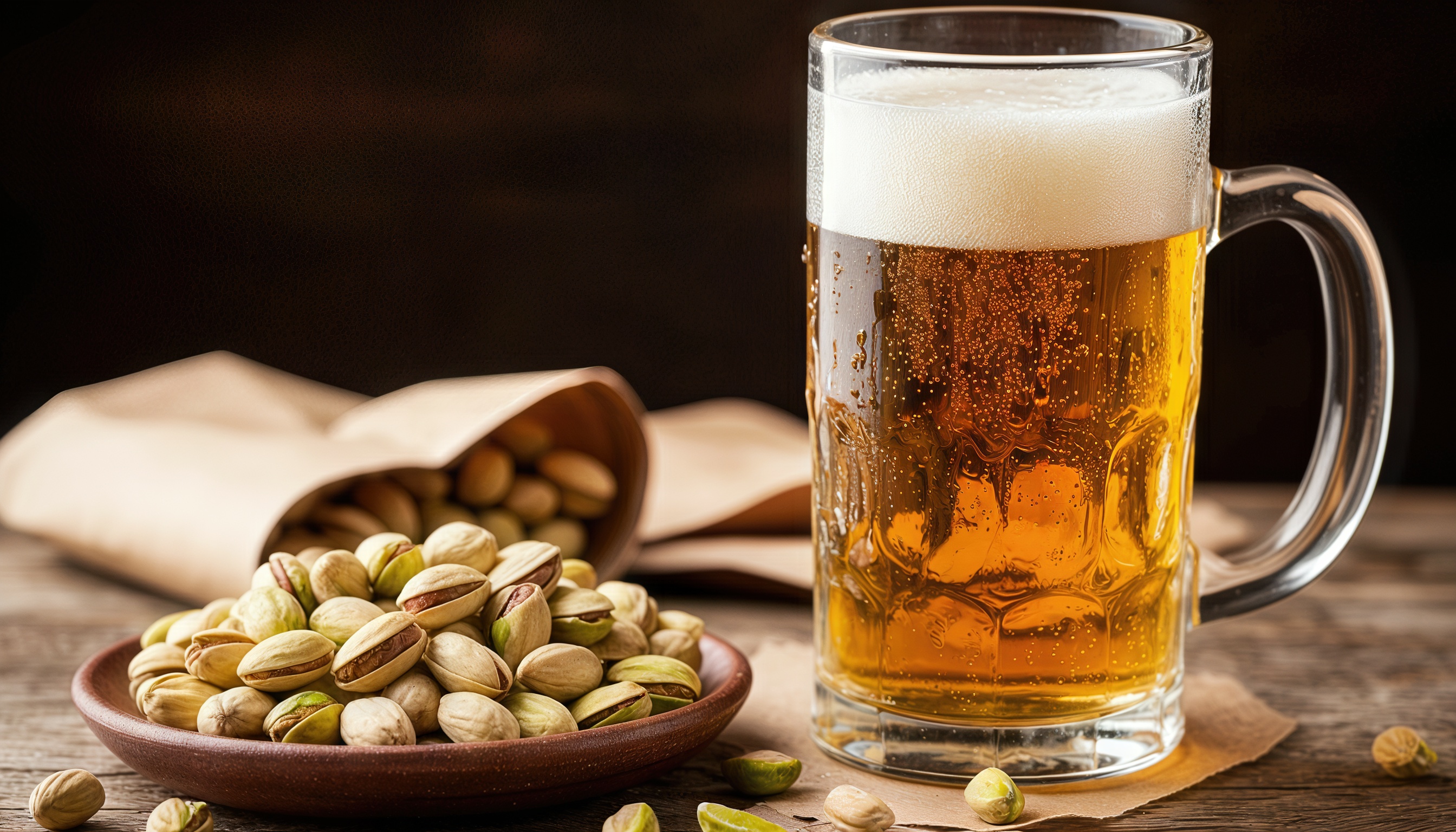 Бесплатное фото Кружка с пивом и миска с фисташками на деревянной поверхности.