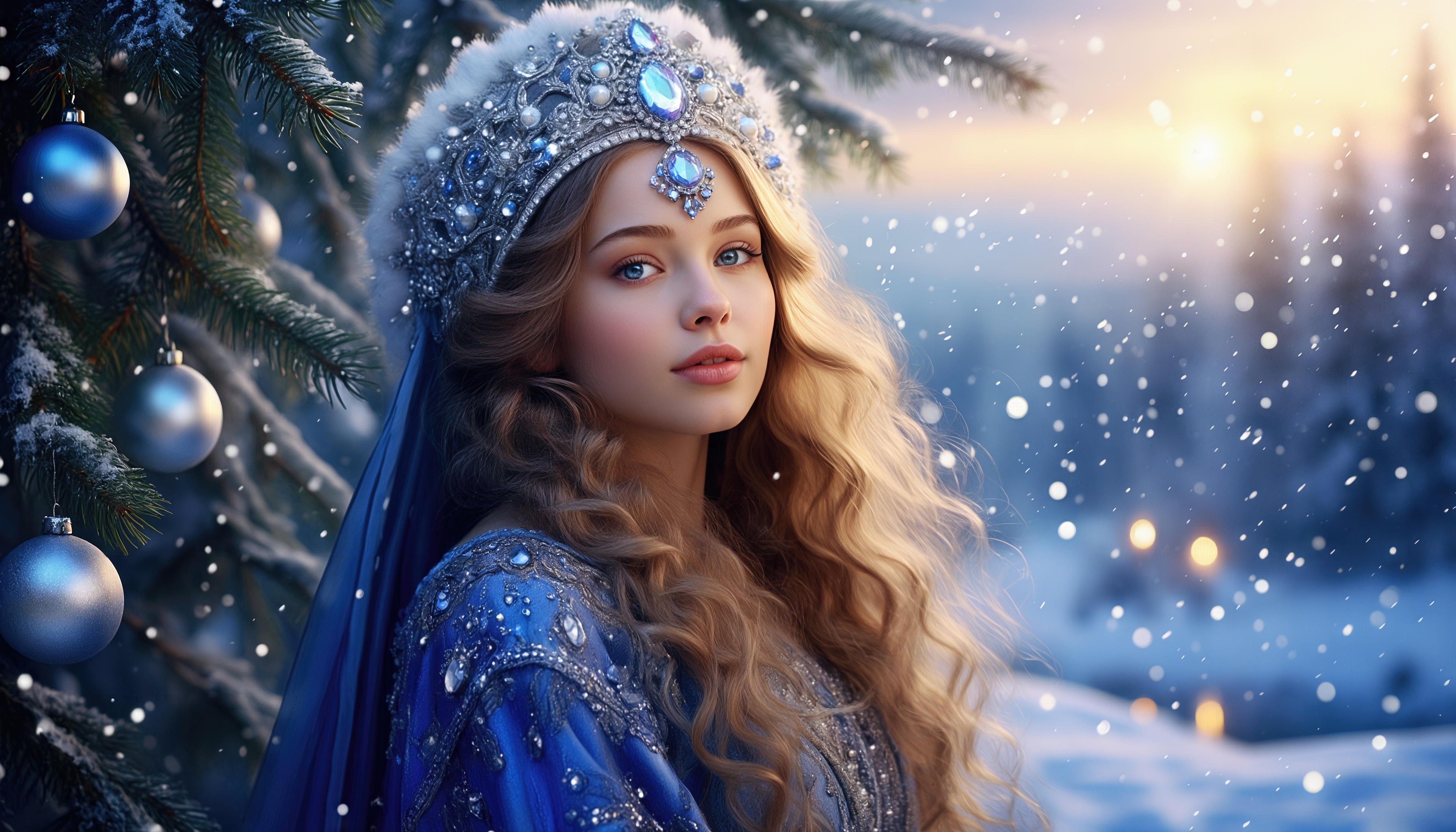 Волшебный образ Снегурочки среди зимних елей.
