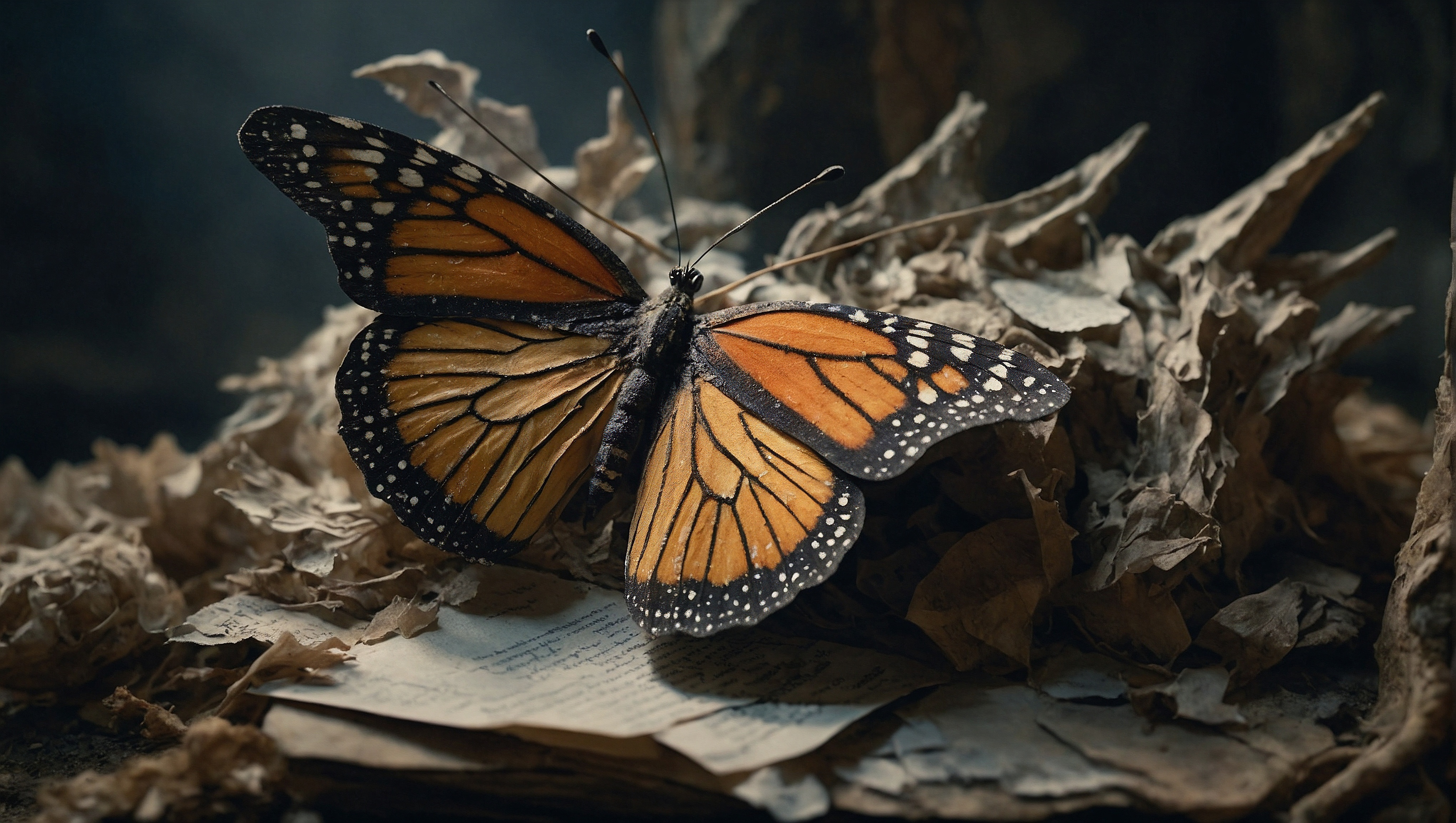 Оранжево-черная бабочка на подстилке из мертвых листьев