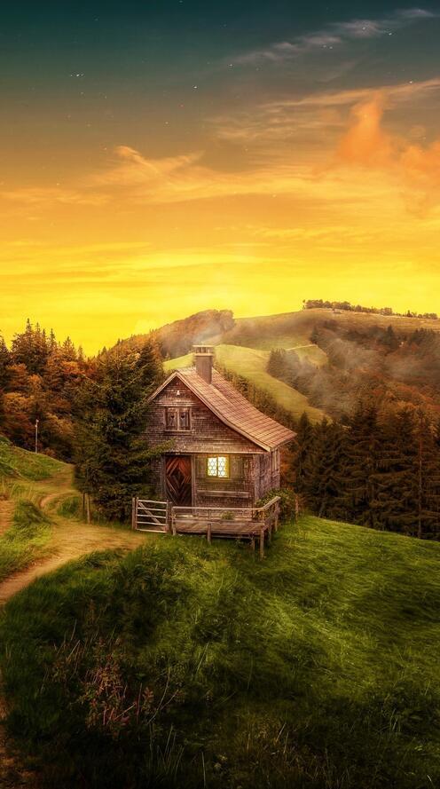 Обои дом горы художник на рабочий стол