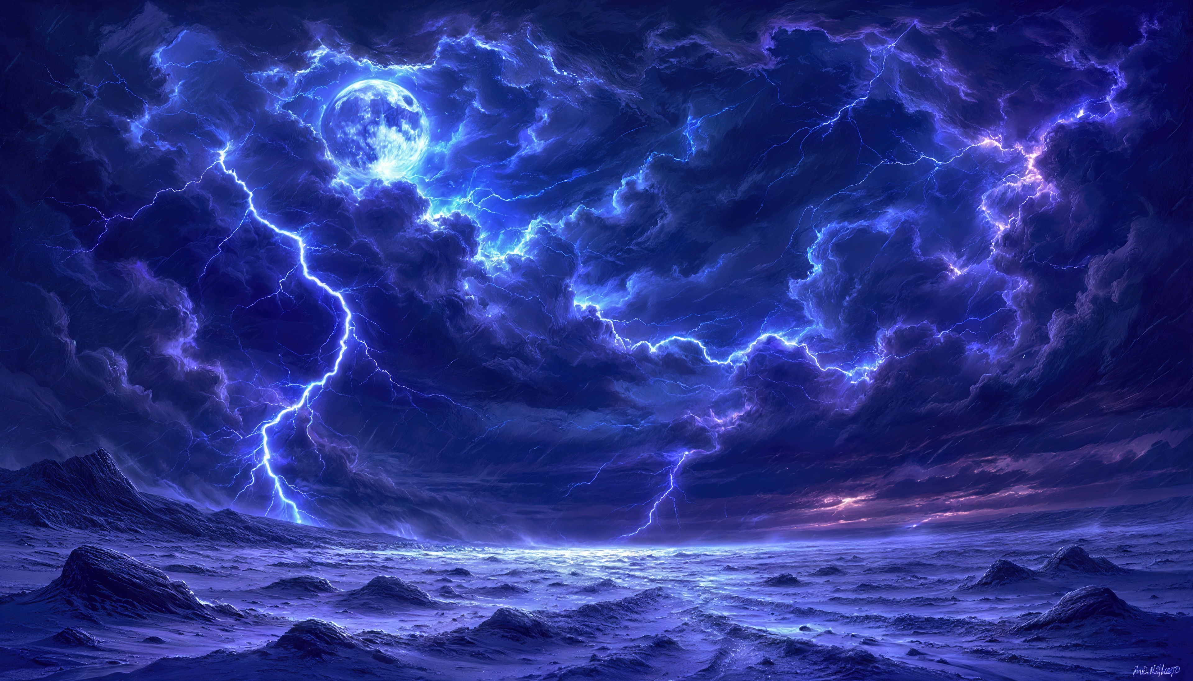 Бесплатное фото Луна наблюдает за буйством молний в ночном небе.