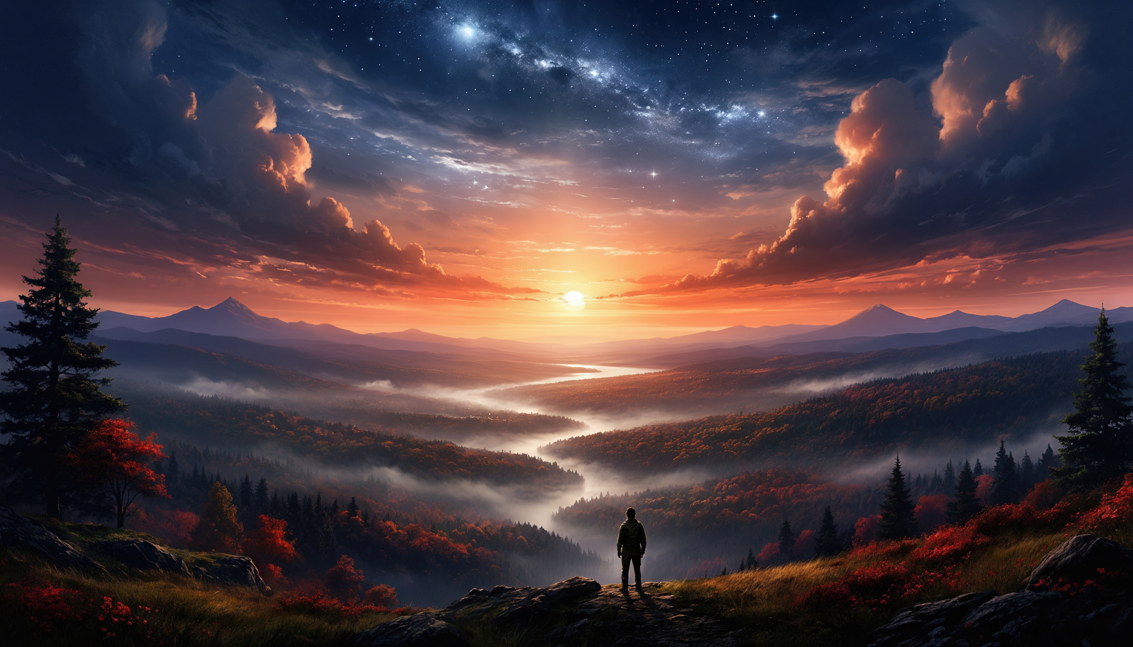 Бесплатное фото Одинокий путник на фоне величественного заката среди гор и лесов.
