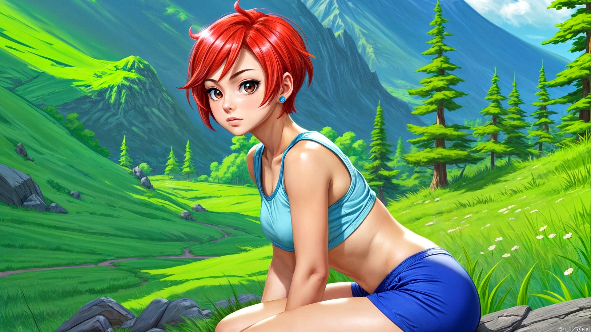 Рыжеволосая девушка сидит на природе