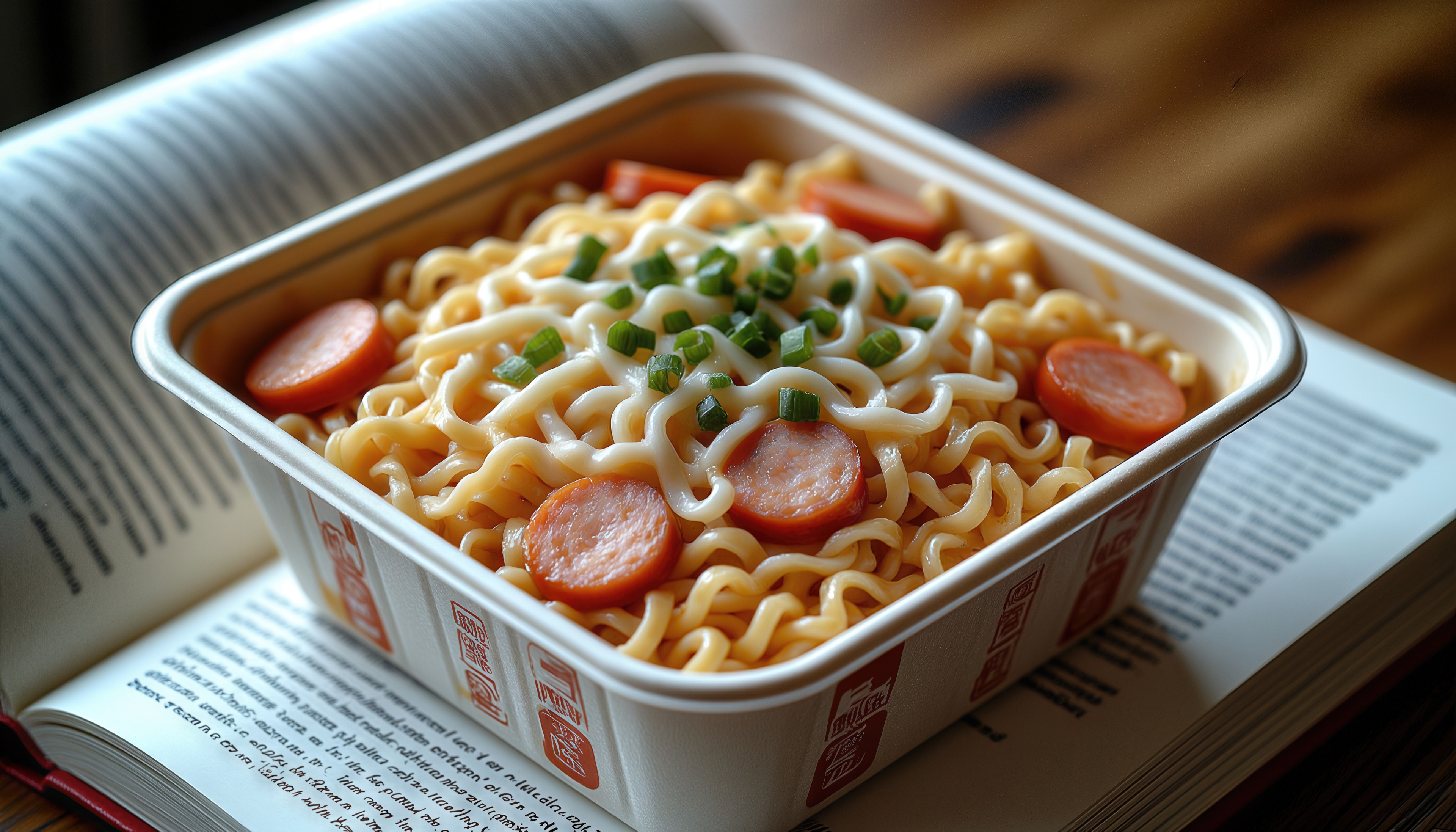 Бесплатное фото Контейнер с лапшой и сосисками на страницах книги.