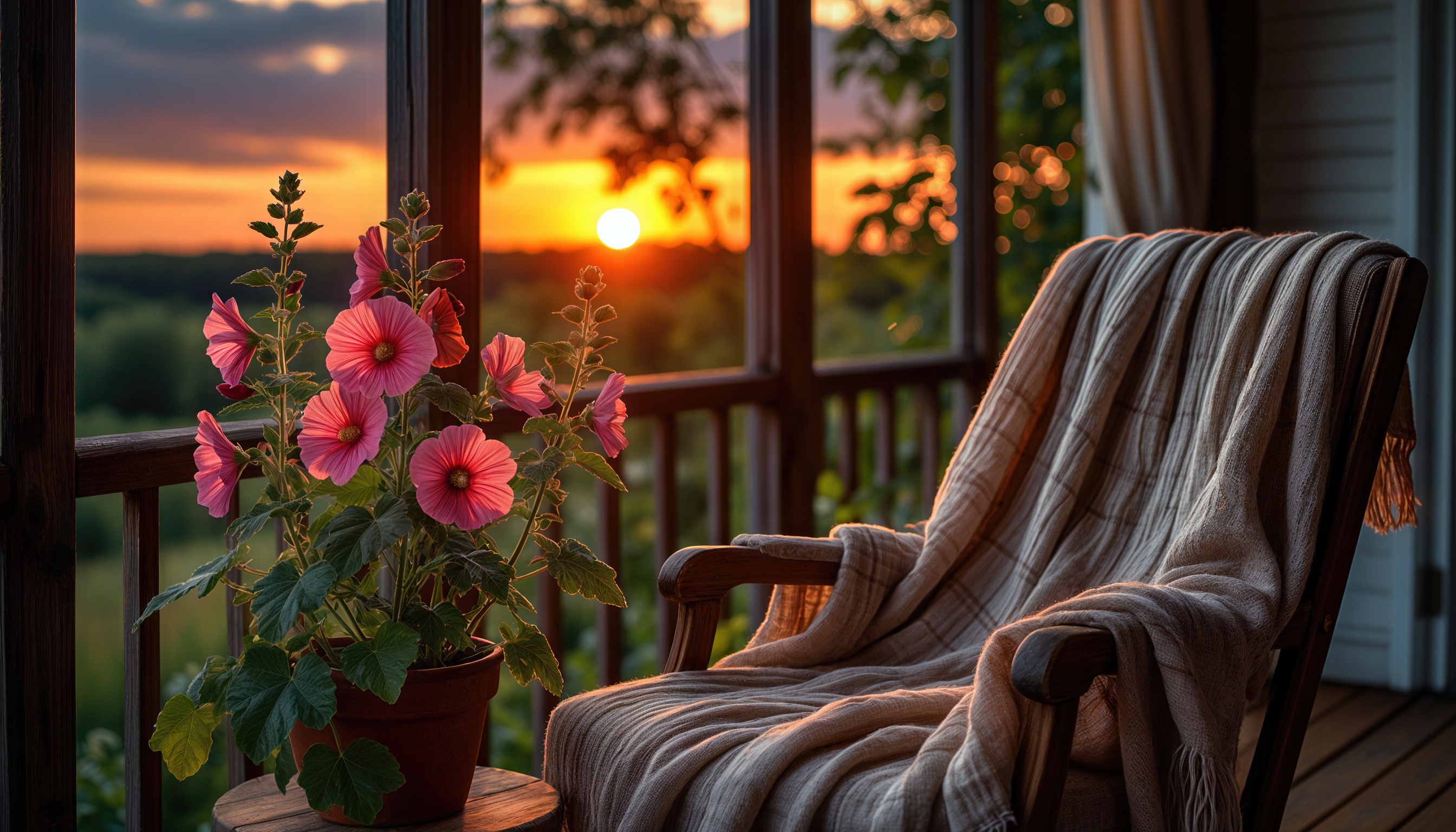 Бесплатное фото Уютный уголок на веранде с креслом-качалкой, пледом и цветущим растением на фоне заката