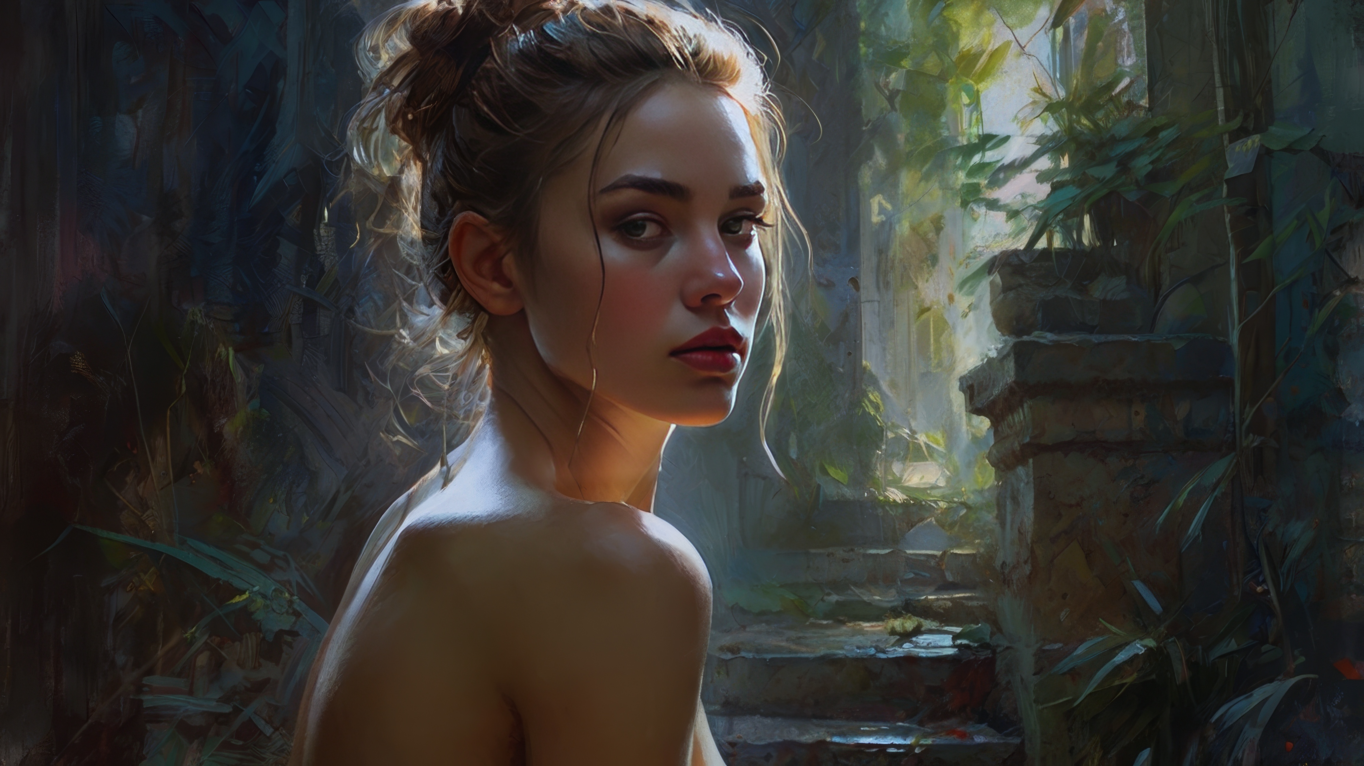 Картина с изображением девушки с волосами, уложенными в пучок