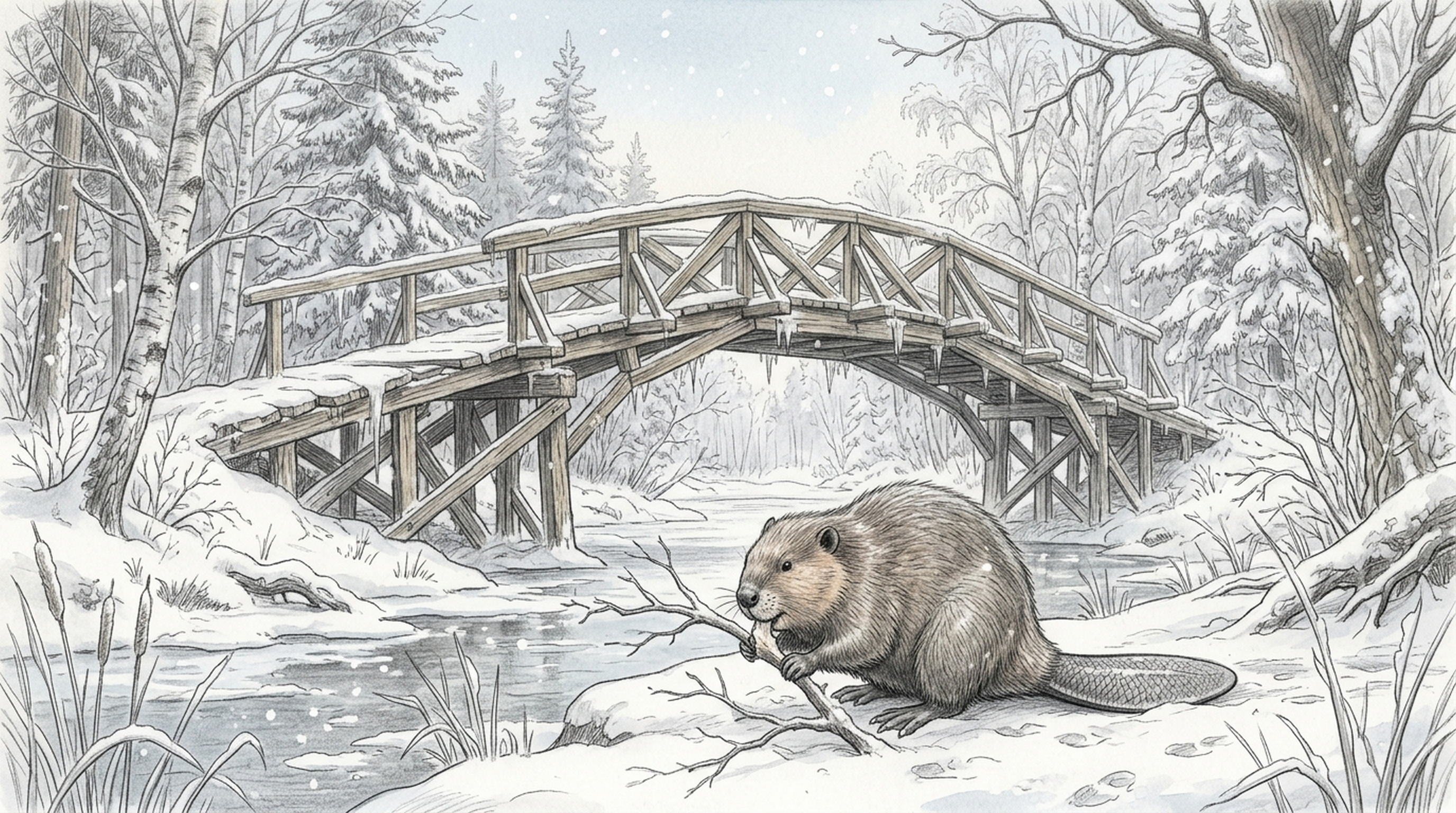 Free photo Beaver with a branch at the snow-covered wooden bridge over winter creek