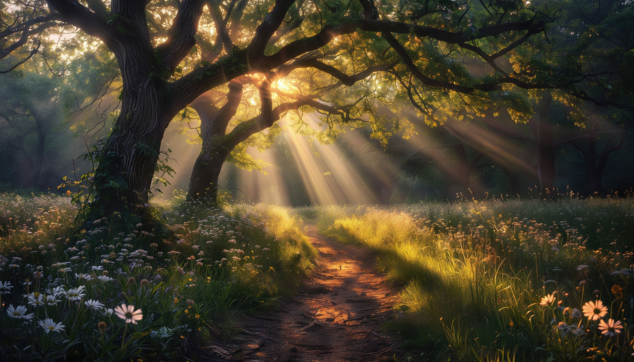 Бесплатное фото Лесная тропинка, залитая золотым светом утреннего солнца, среди цветущих трав.