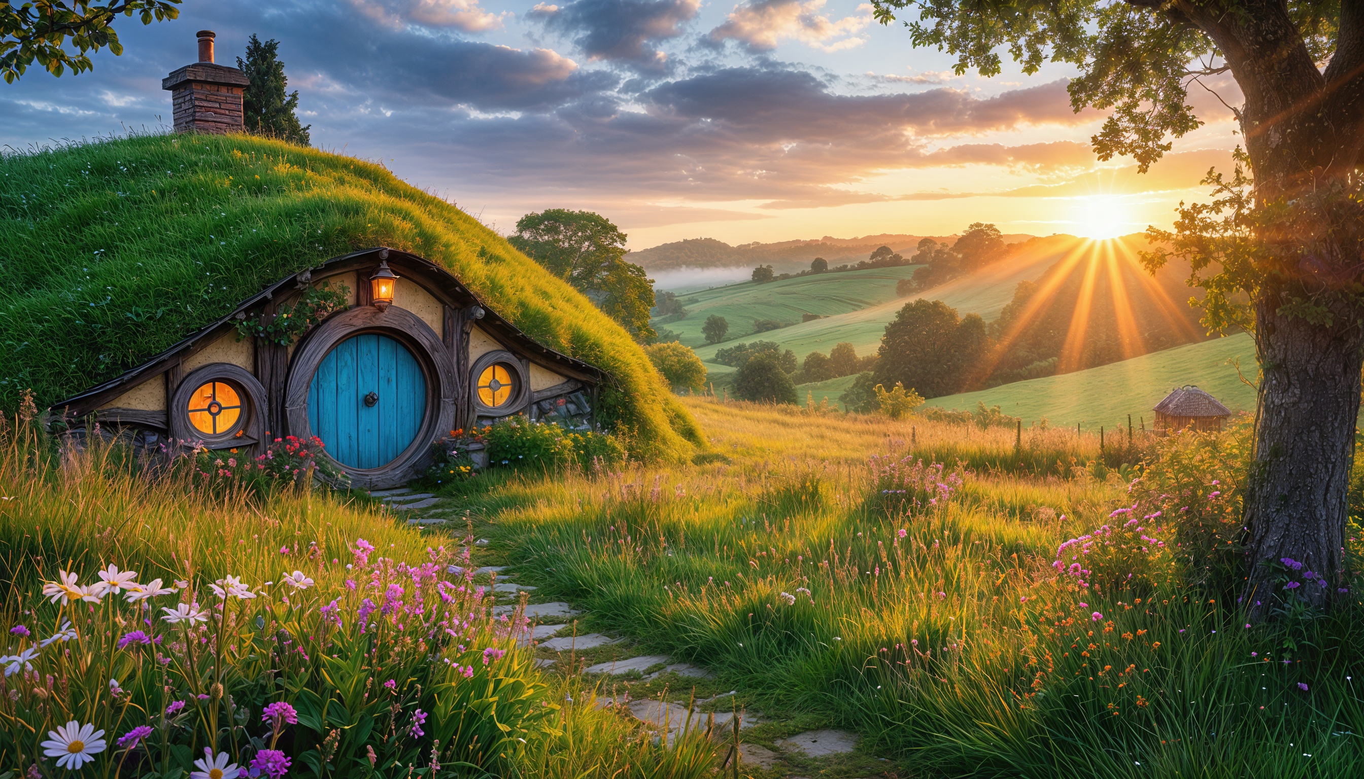 Хоббитский дом на зеленом холме с синей дверью и круглым окном, окруженный природой и освещенный закатным солнцем.