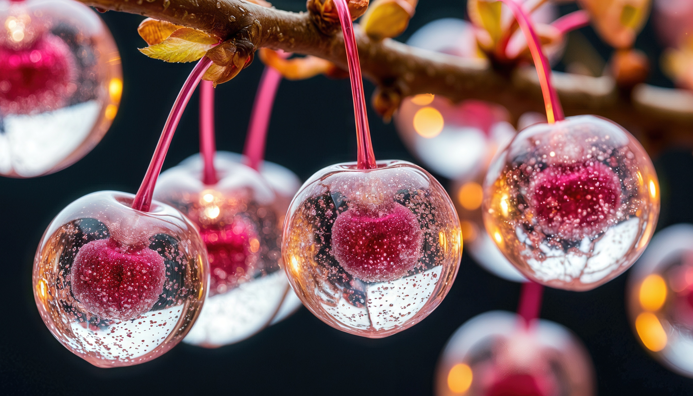 Бесплатное фото Стеклянные вишни с видимой косточкой внутри