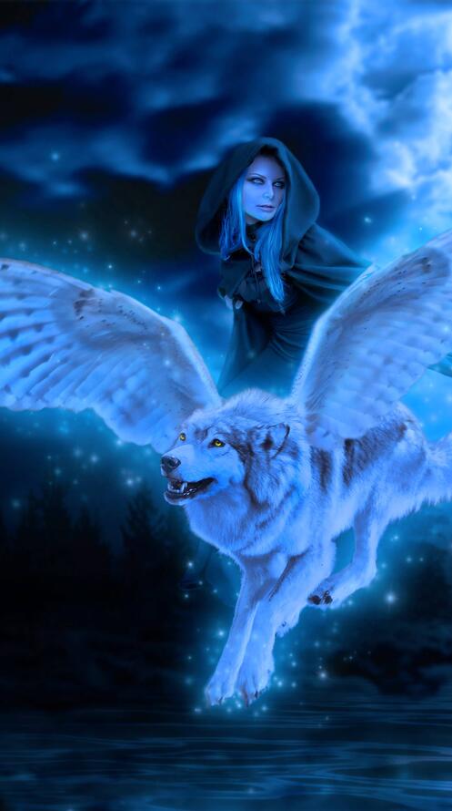 Обои ночь девушка крылатый волк на рабочий стол