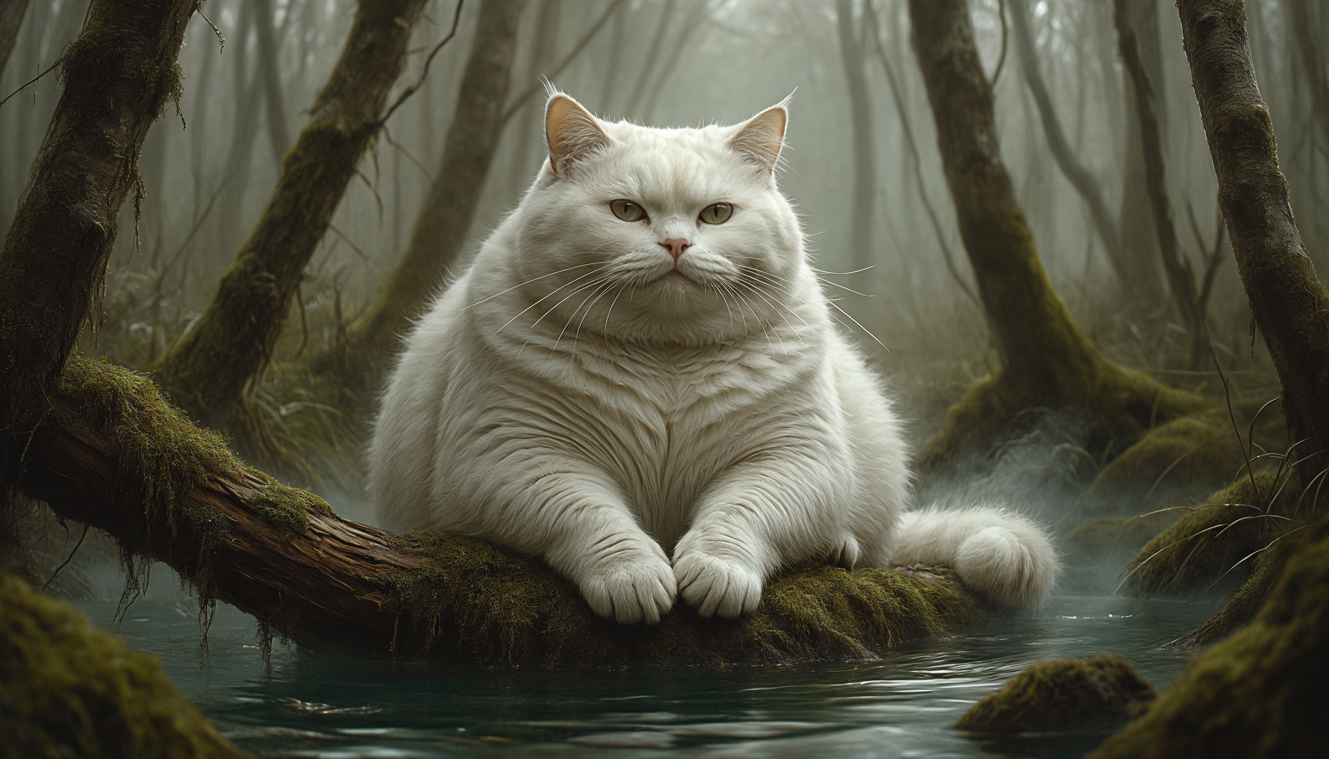 Белый кот с пушистой шерстью сидит на бревне в туманной лесной местности, наблюдая за чем-то вдали.