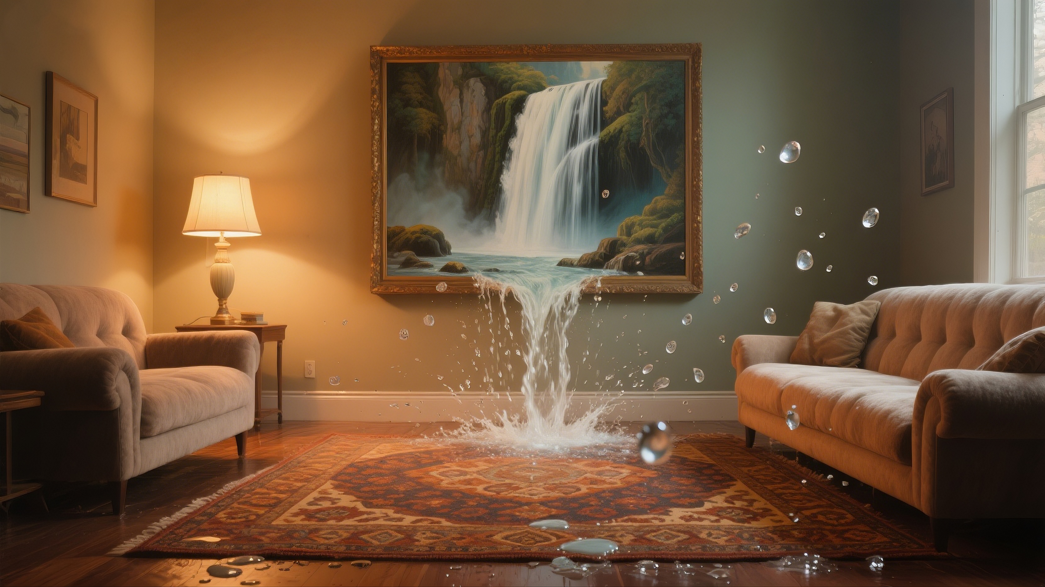 Гостиная с водопадом, выходящим из центра