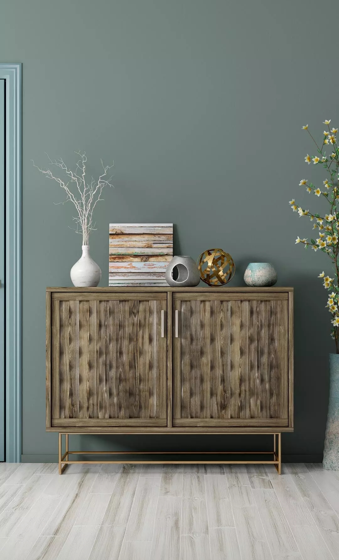 Free photo The interior of the room has an emphasis on a stylish chest of drawers and decorative elements.
