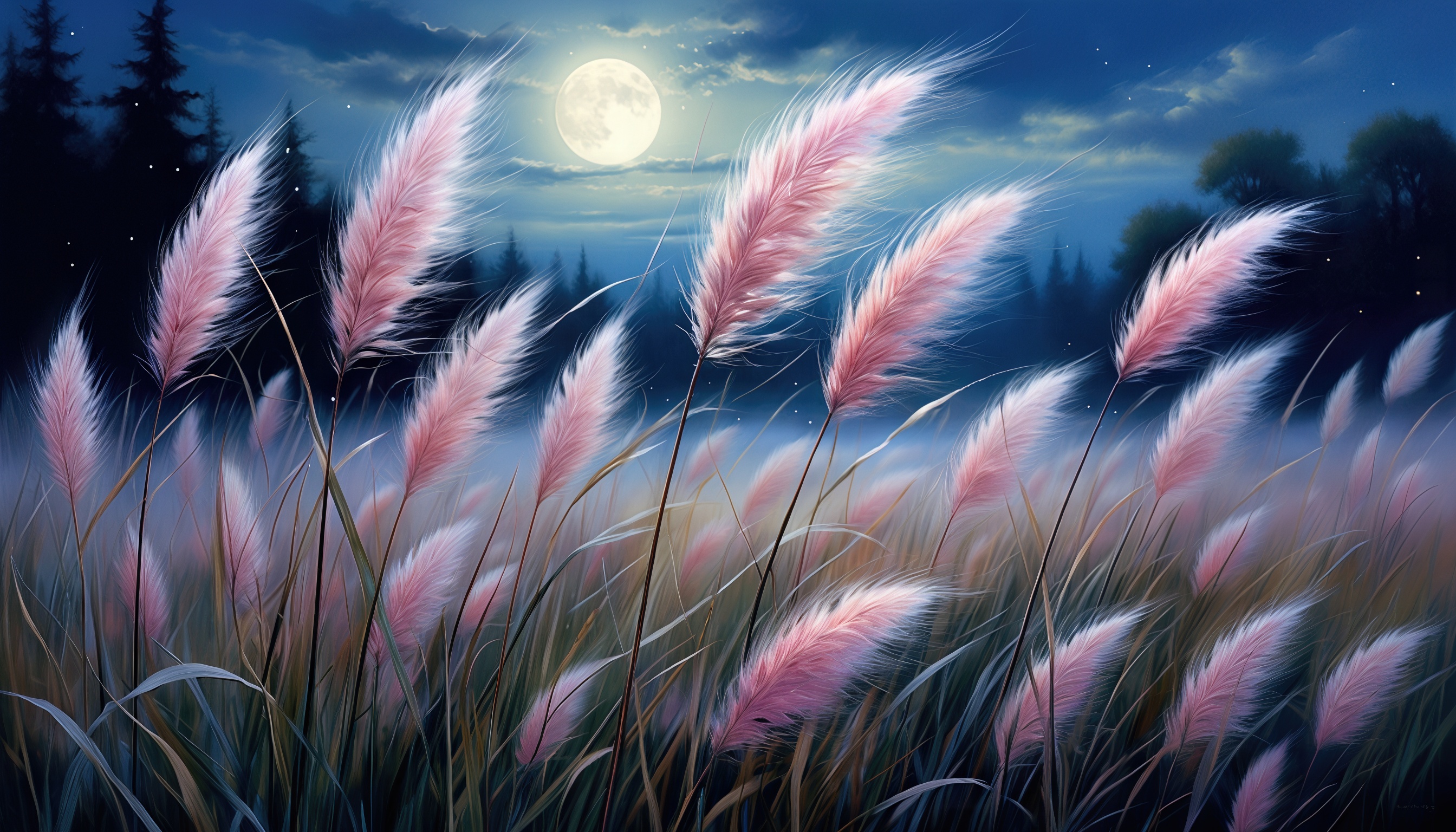 Бесплатное фото Атмосфера вечернего покоя и волшебства через пейзаж поля с розово-белыми пушистыми метёлками камыша на фоне леса и луны.