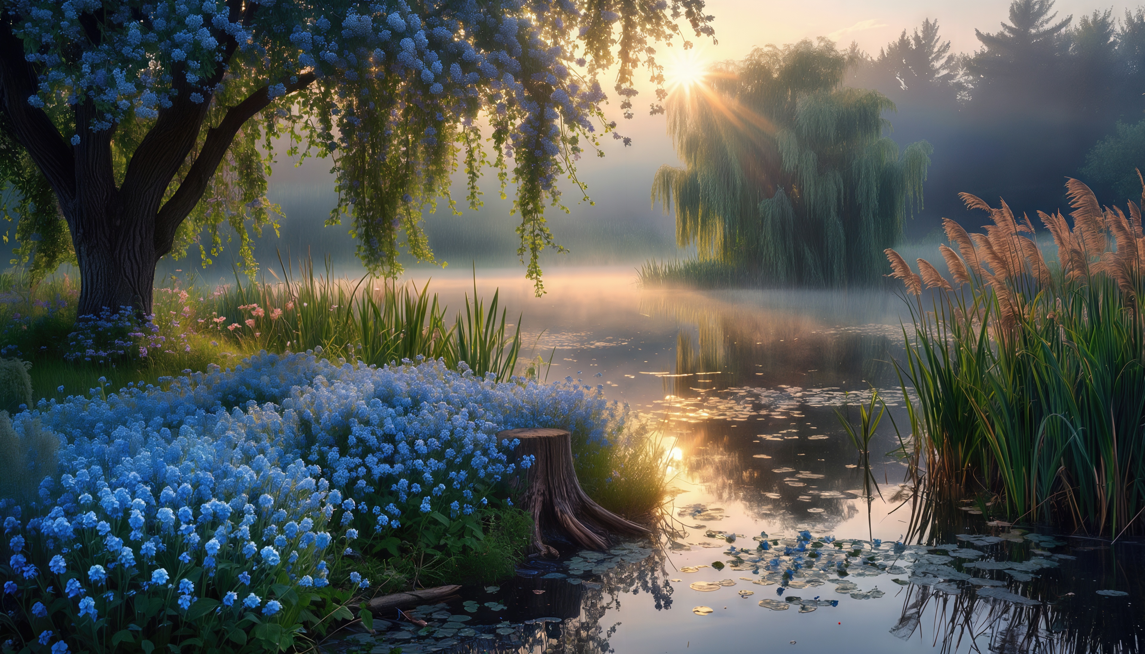 Бесплатное фото Утренний пейзаж с цветущими незабудками у пруда, окутанного туманом.