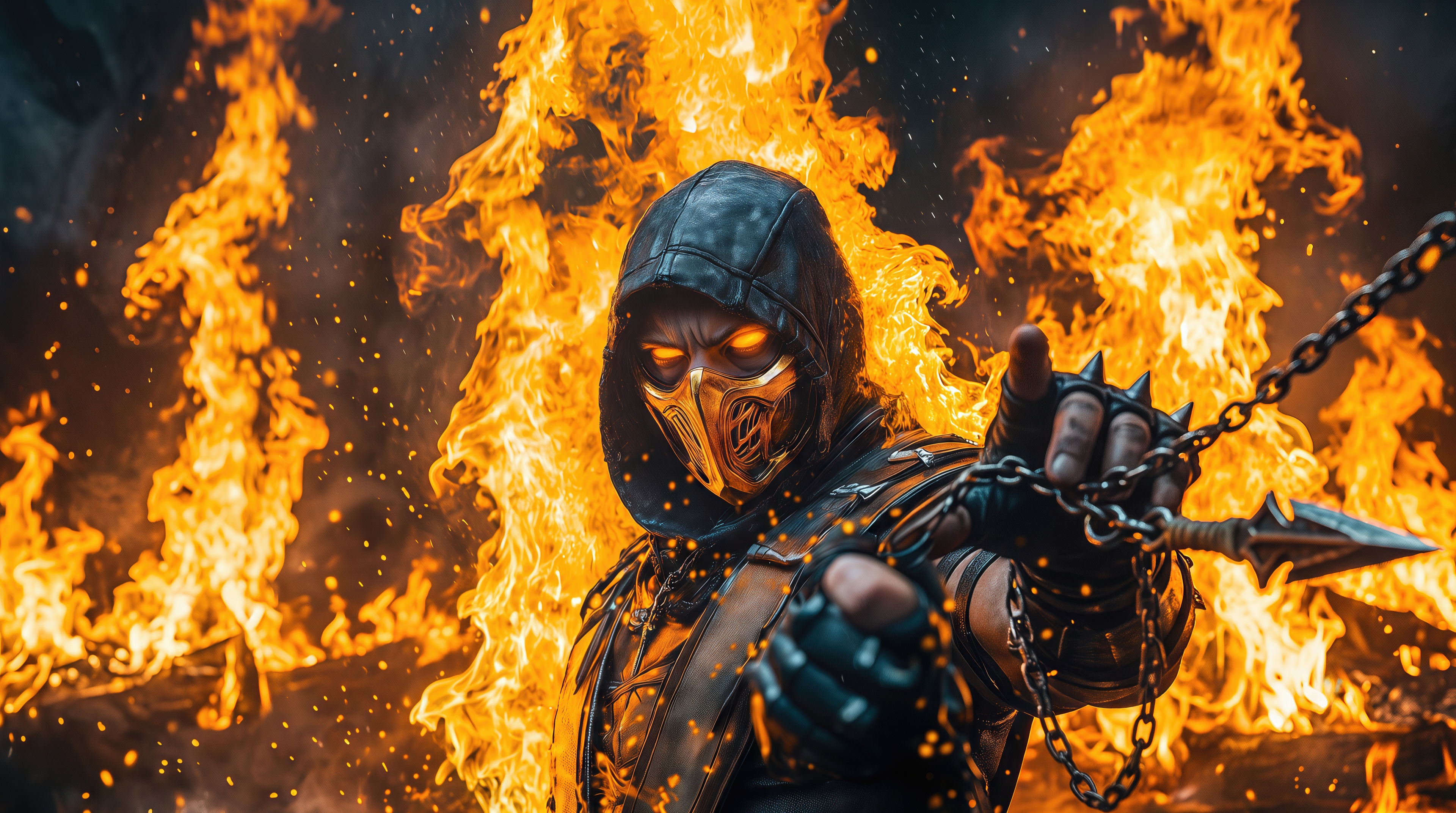 The scorpion from Mortal Kombat releases a chain with a kunai against the background of the furious raging flames of the underworld.