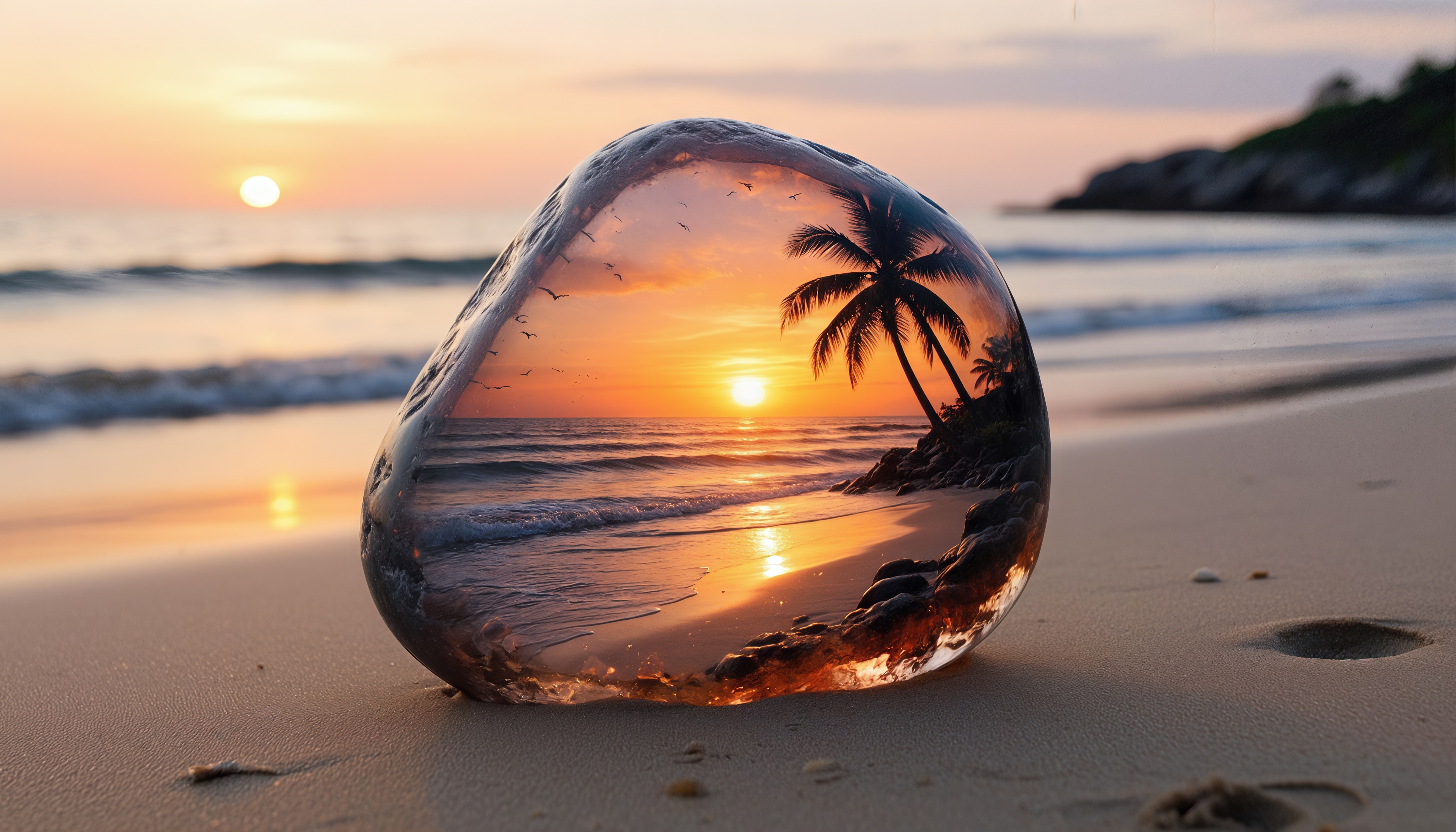 Бесплатное фото Тропический закат заключён в прозрачный камень на песчаном берегу.