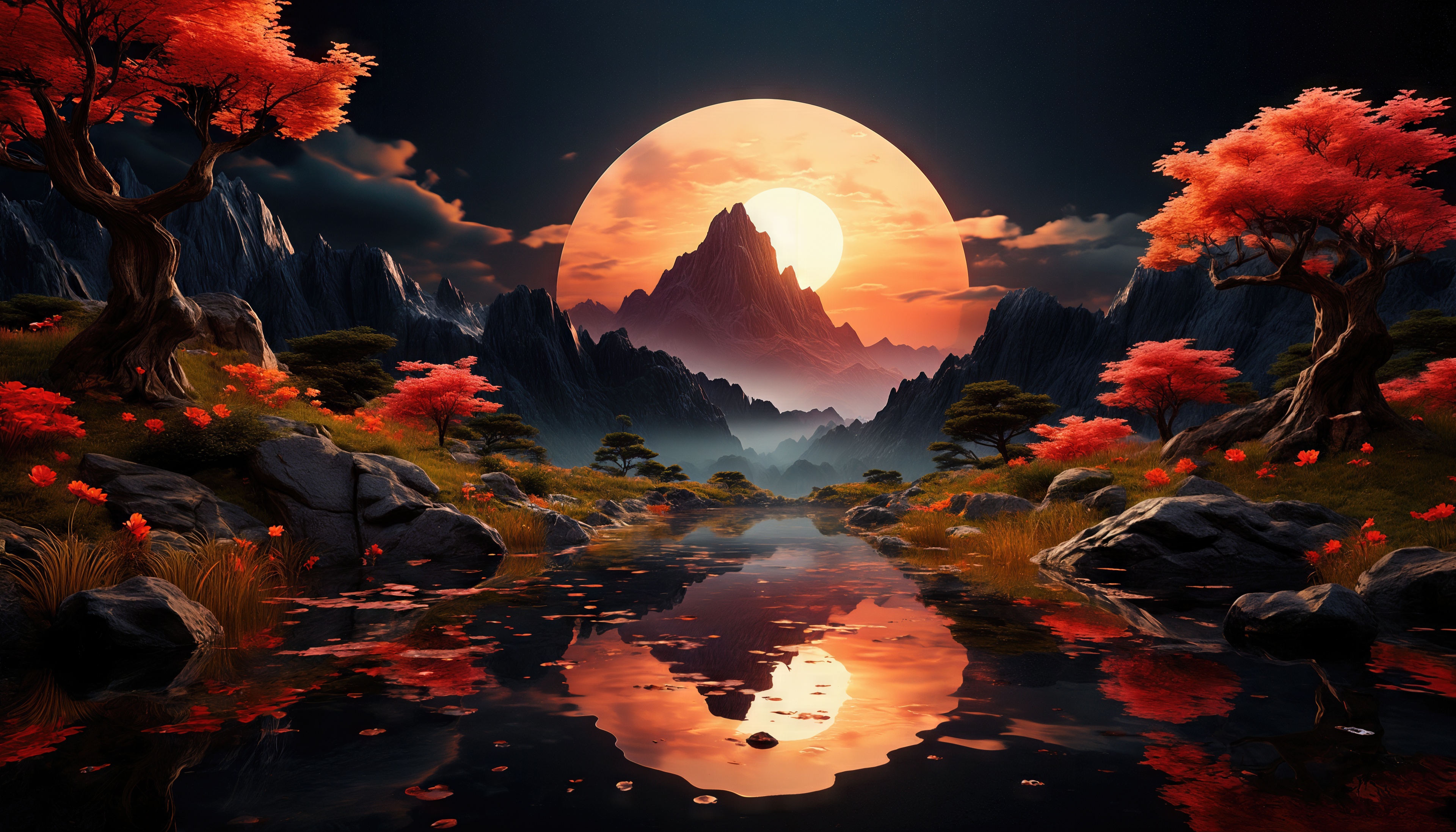 Закатный пейзаж: огненные клёны у горного озера.