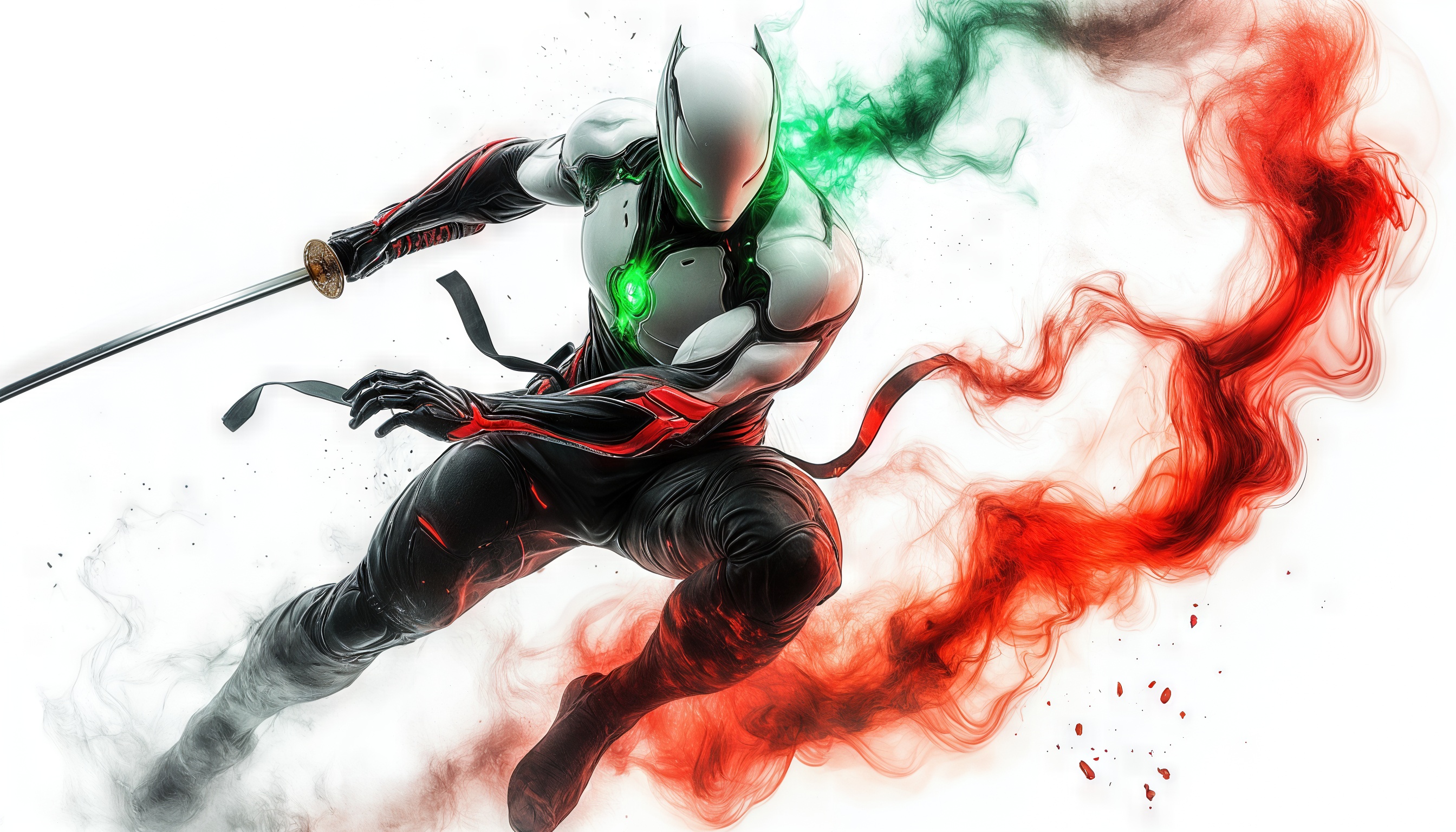 Бесплатное фото Аниме-персонаж в футуристическом костюме ниндзя, держащий меч на фоне абстрактных красных и зеленых элементов.